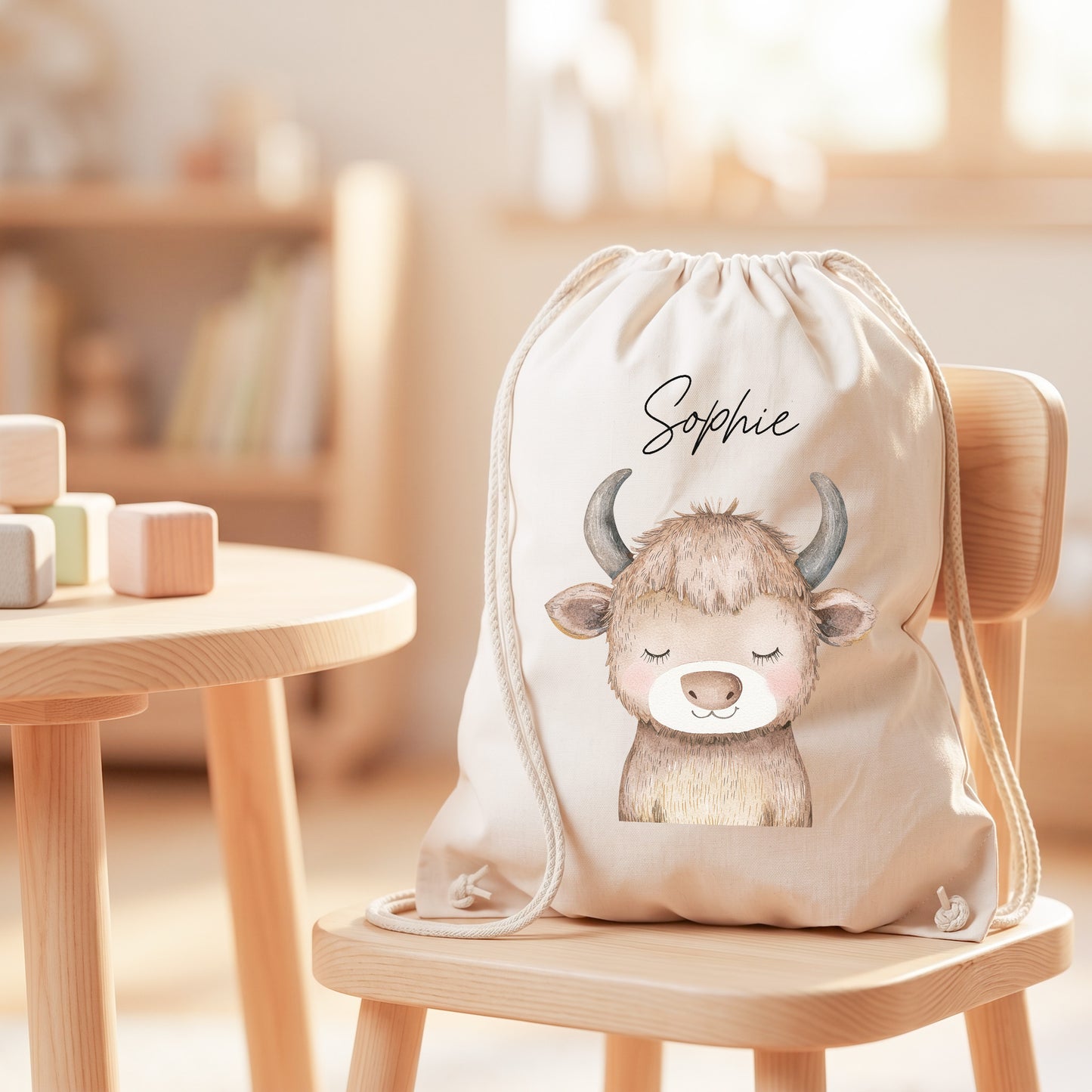 Stier Turnbeutel Kinder personalisierter Sportbeutel für Kindergarten & Kita Stoffbeutel mit Kordelzug