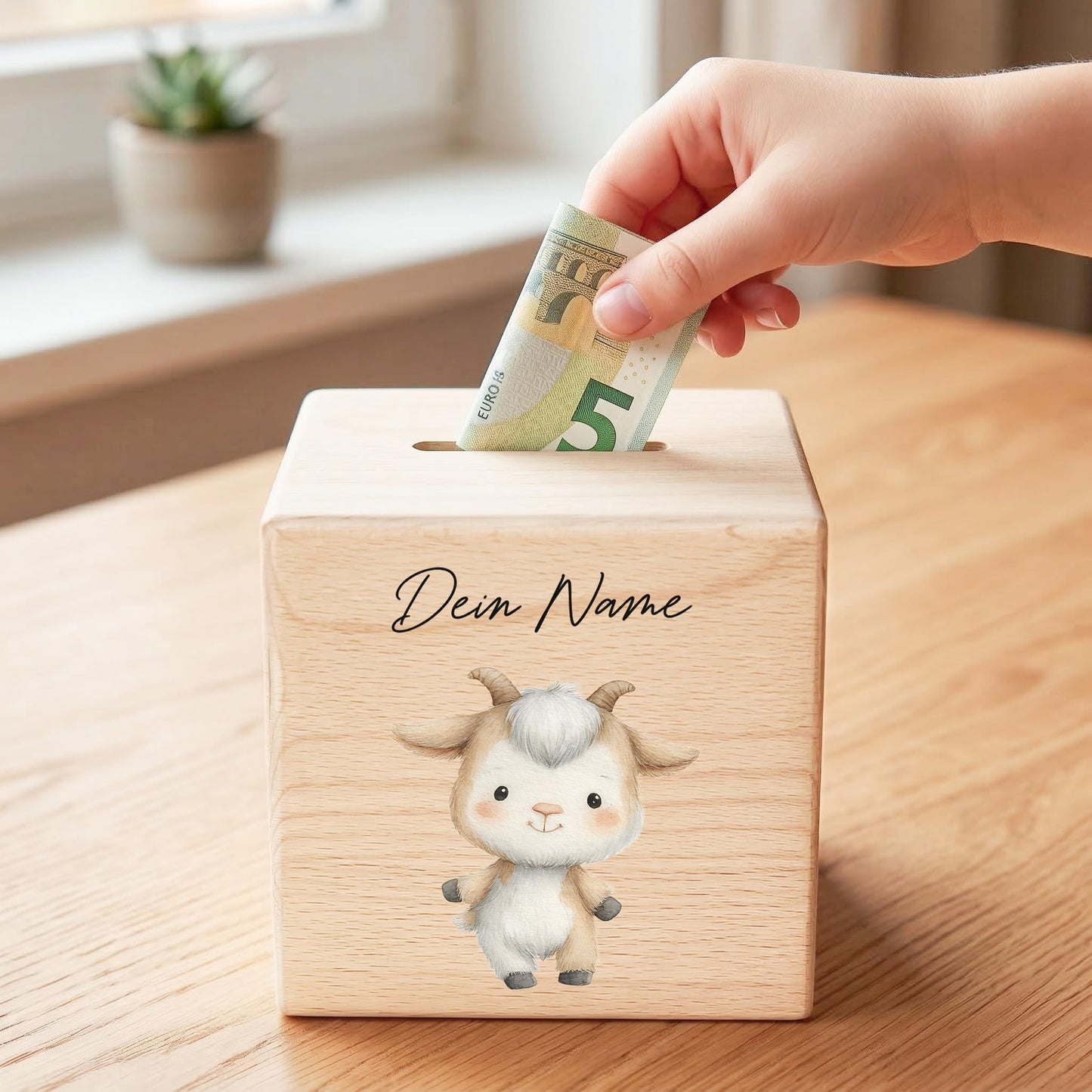 Ziege Spardose für Kinder aus Holz personalisierte Sparbox Holzspardose mit Schlüssel als Geldgeschenk