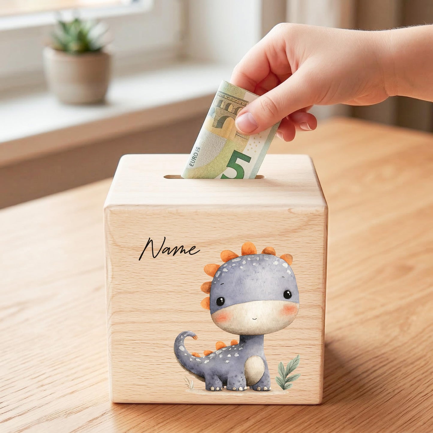 Spardose Dino für Jungen personalisierte Sparbox aus Holz Sparschwein für Kinder V7
