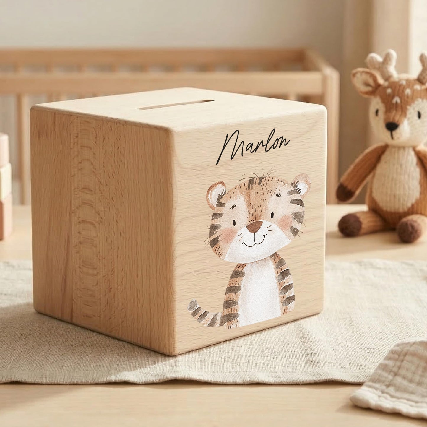 Spardose für Kinder Tiger personalisiert Safari Tiere Sparbox aus Holz Sparschwein mit Schlüssel Taufgeschenk für Jungen & Mädchen