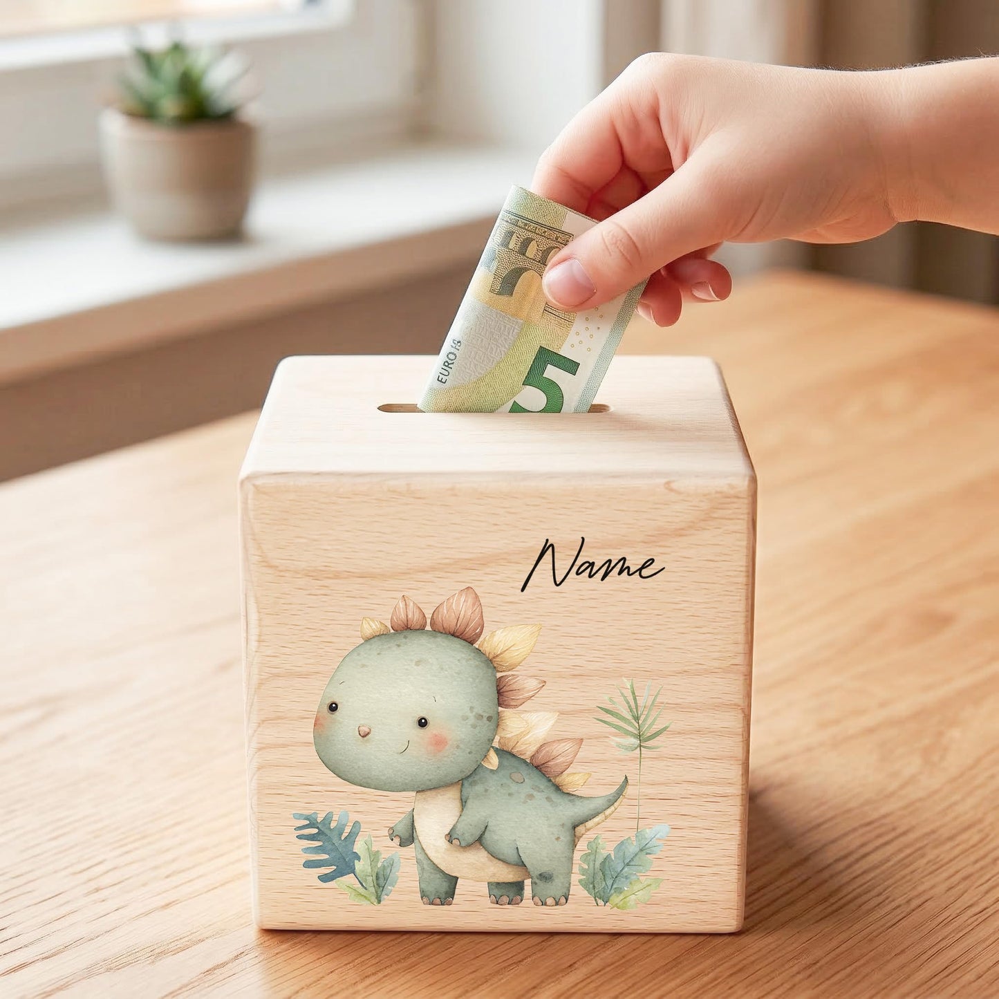 Spardose Dino für Jungen personalisierte Sparbox aus Holz Sparschwein für Kinder V4