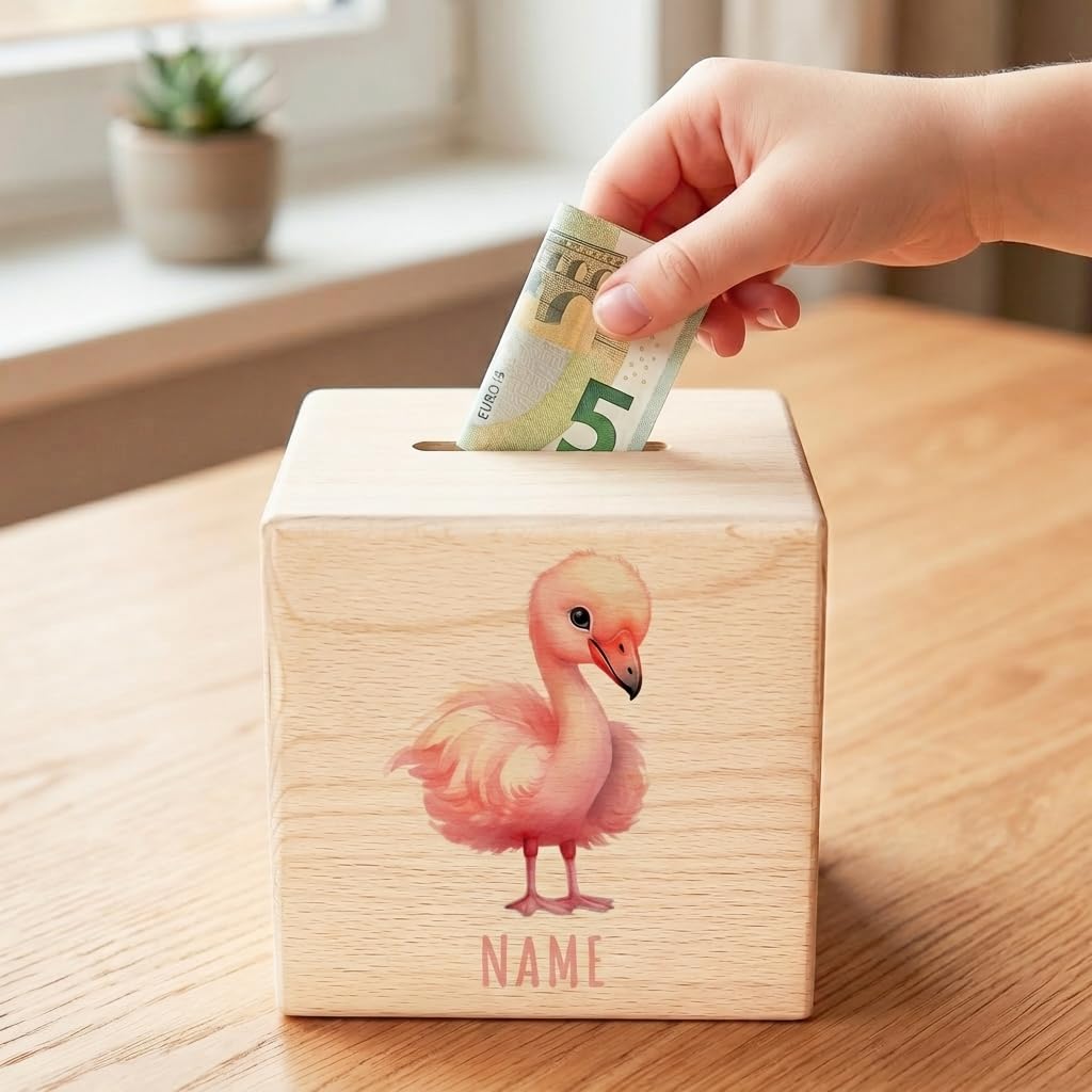 Flamingo Spardose für Kinder personalisiert Sparbox aus Holz Sparschwein mit Schlüssel Taufgeschenk für Jungen und Mädchen