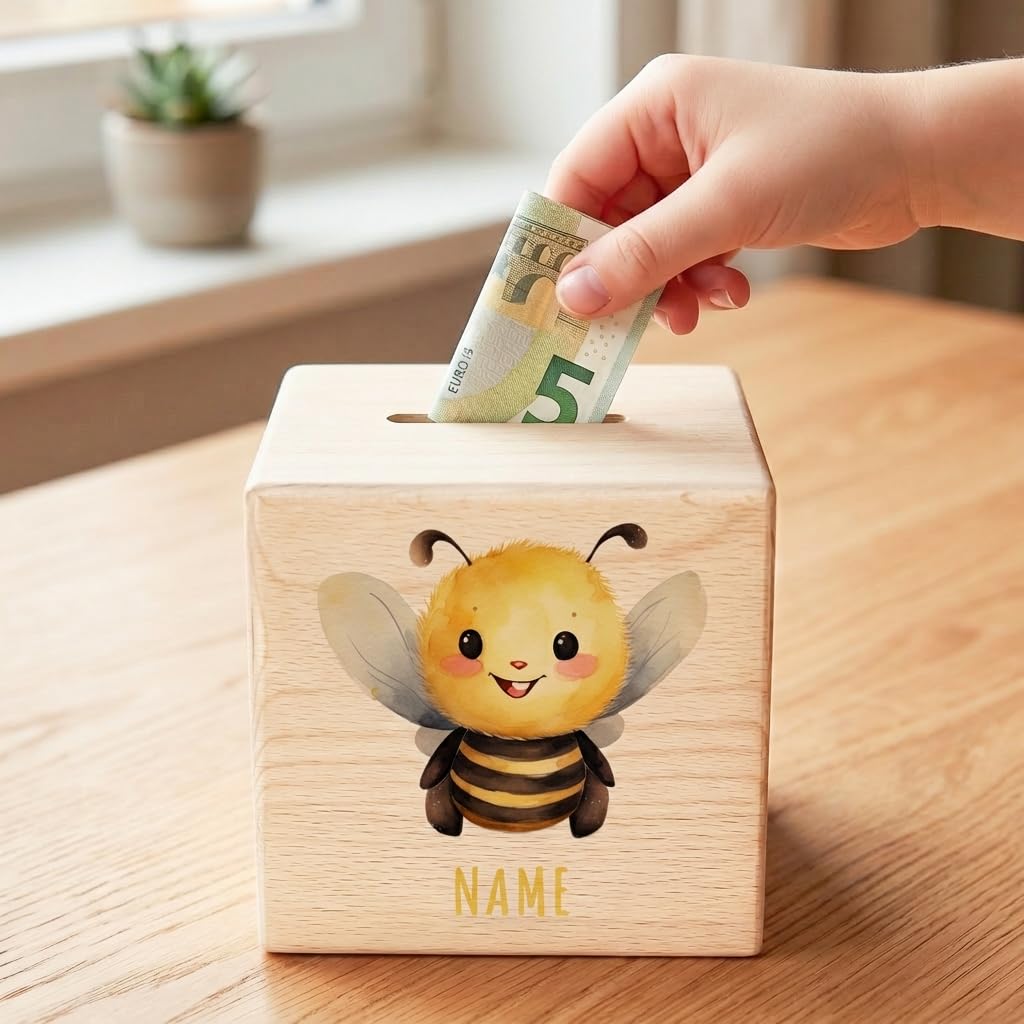 Biene Spardose für Kinder personalisiert Sparbox aus Holz Sparschwein mit Schlüssel Taufgeschenk für Jungen und Mädchen