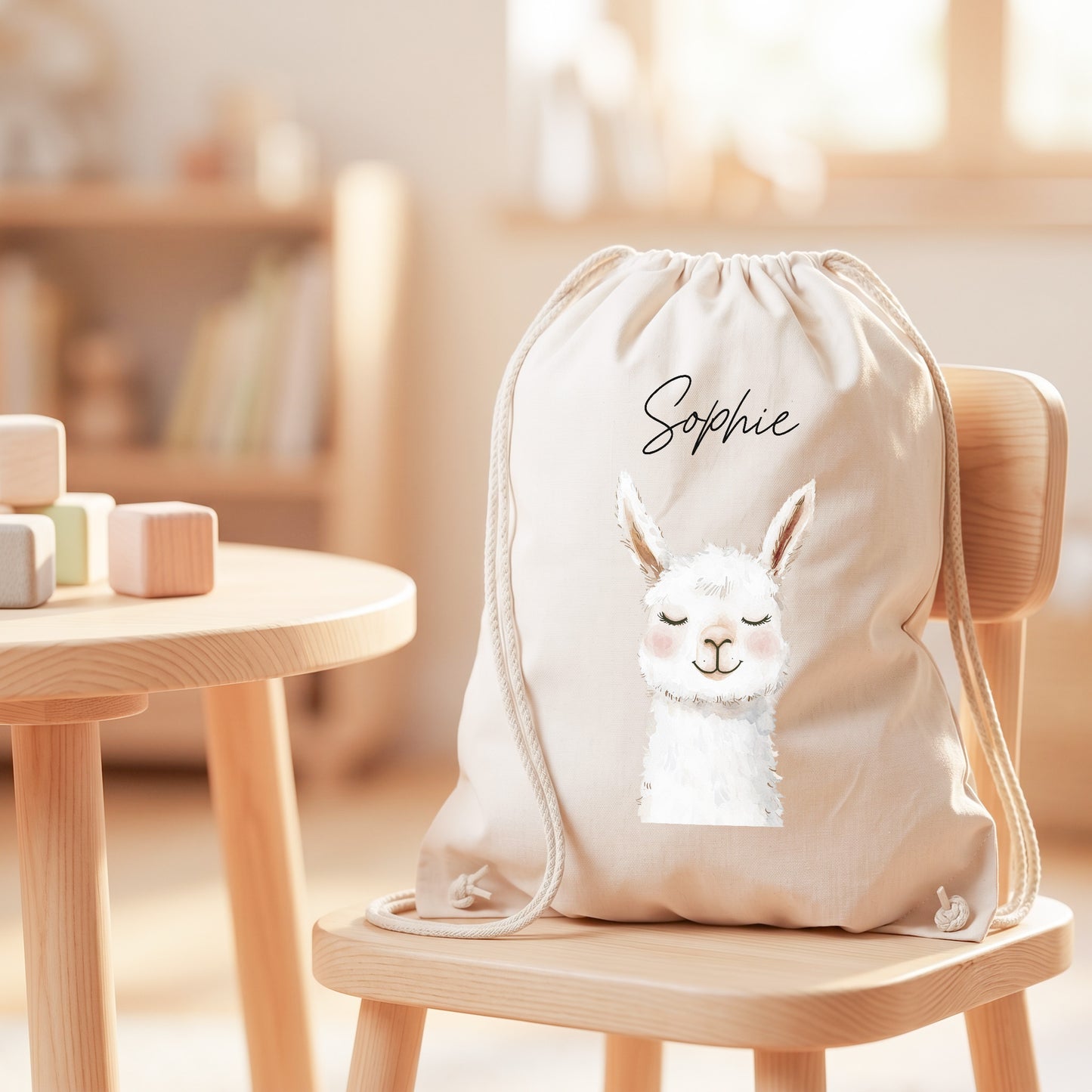 Lama Turnbeutel Kinder personalisierter Sportbeutel für Kindergarten & Kita Stoffbeutel mit Kordelzug