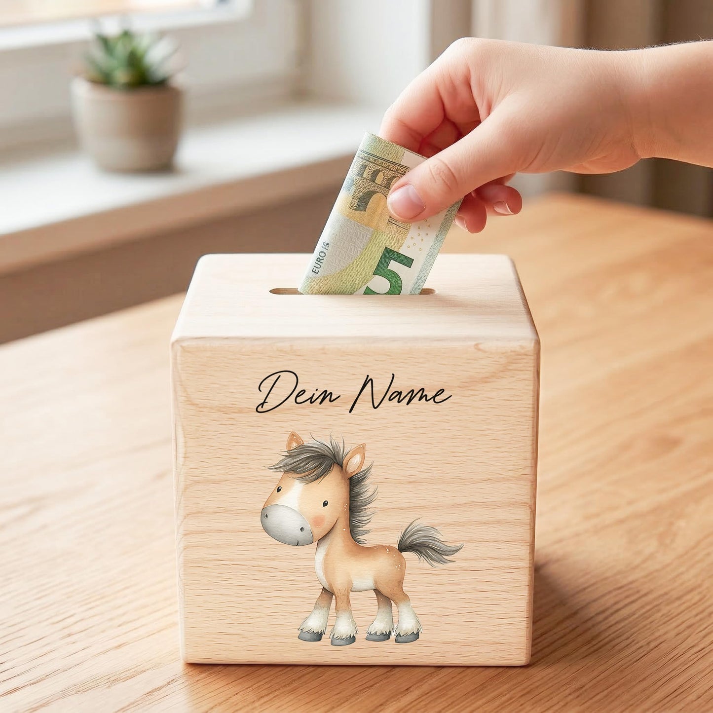 Pferd Spardose für Kinder aus Holz personalisierte Sparbox Holzspardose mit Schlüssel als Geldgeschenk