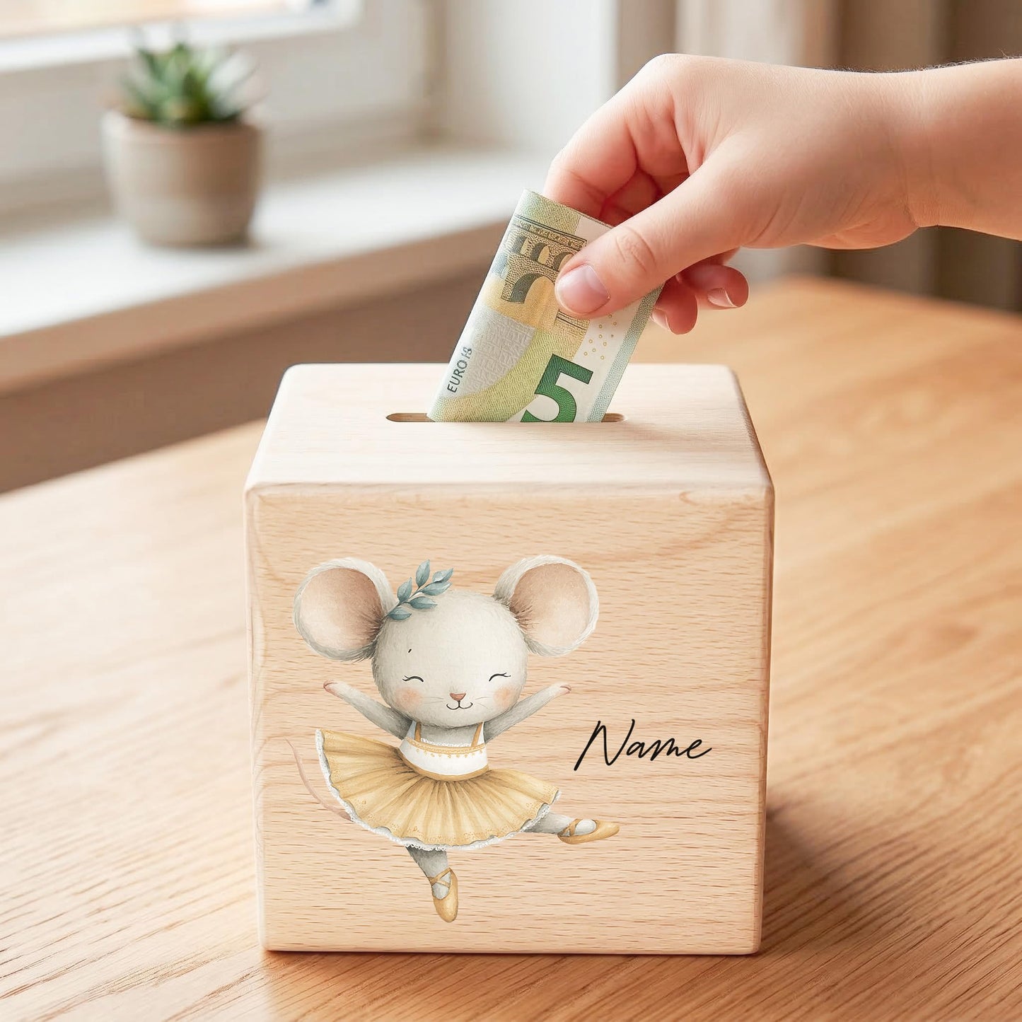 Spardose für Mädchen personalisierte Sparbox aus Holz mit Maus Geldgeschenk für Kinder