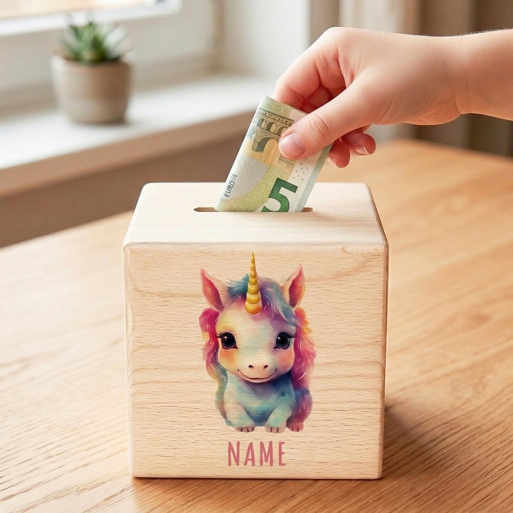 Tier Spardose für Kinder personalisiert Sparbox aus Holz Sparschwein mit Schlüssel Taufgeschenk für Jungen und Mädchen (Einhorn)
