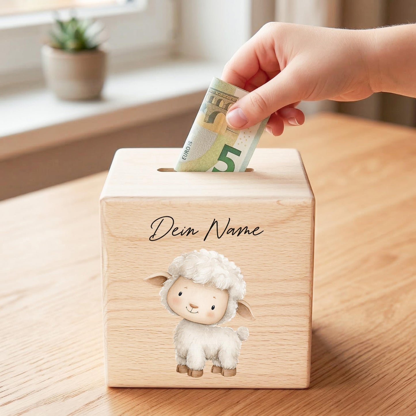 Schaf Spardose für Kinder aus Holz personalisierte Sparbox Holzspardose mit Schlüssel als Geldgeschenk