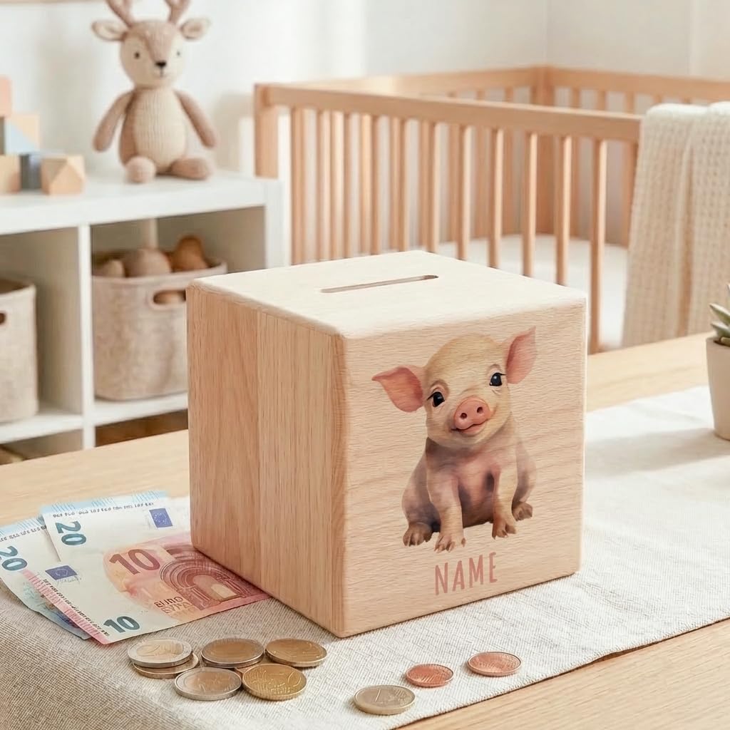 Schwein Spardose für Kinder personalisiert Sparbox aus Holz Sparschwein mit Schlüssel Taufgeschenk für Jungen und Mädchen