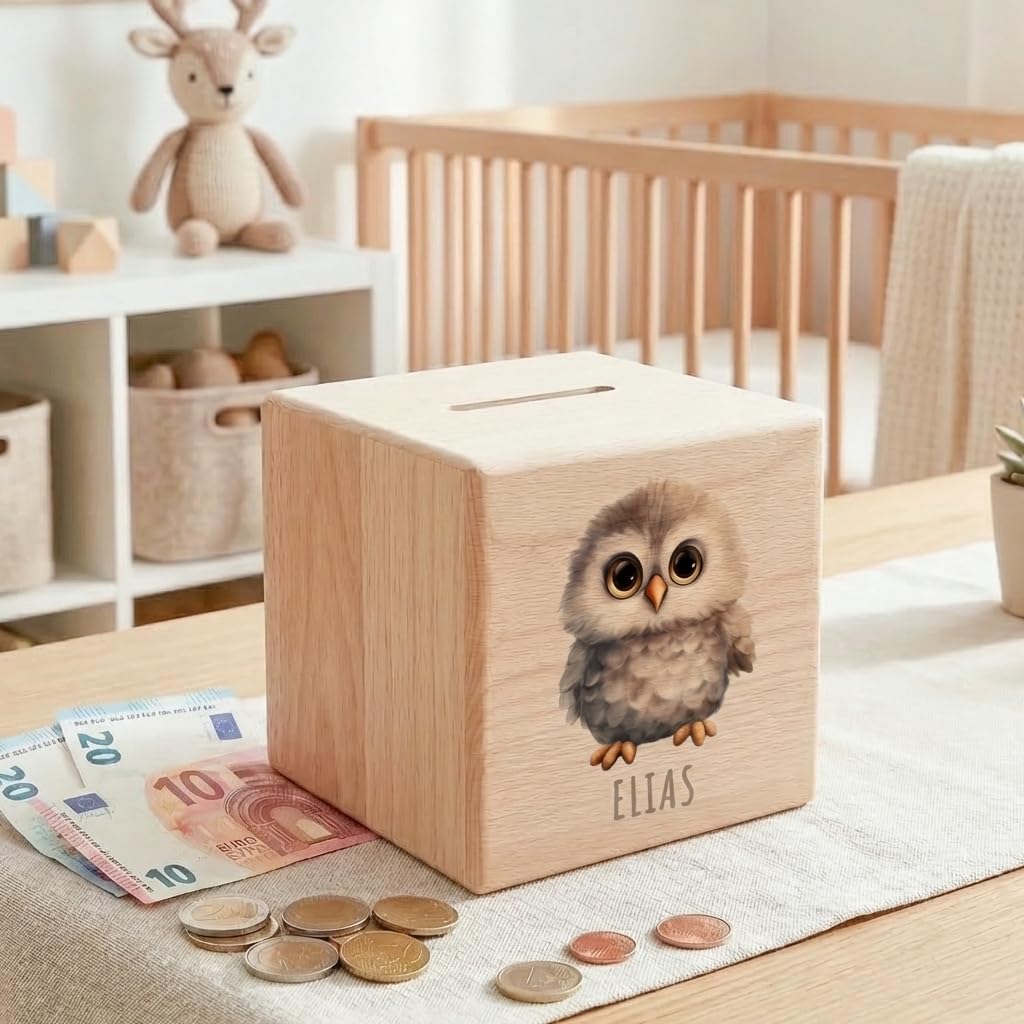 Eule Spardose für Kinder personalisiert Sparbox aus Holz Sparschwein mit Schlüssel Taufgeschenk für Jungen und Mädchen
