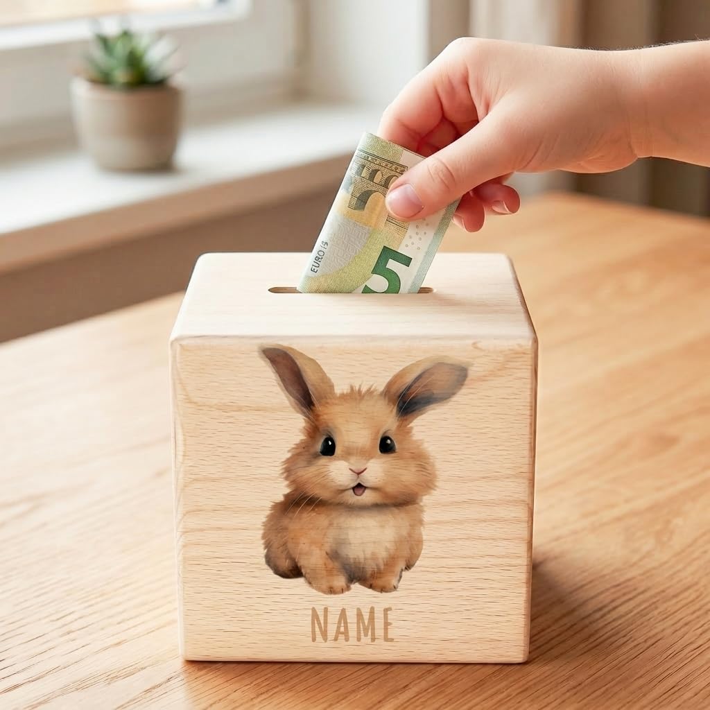 Hase Spardose für Kinder personalisiert Sparbox aus Holz Sparschwein mit Schlüssel Taufgeschenk für Jungen und Mädchen