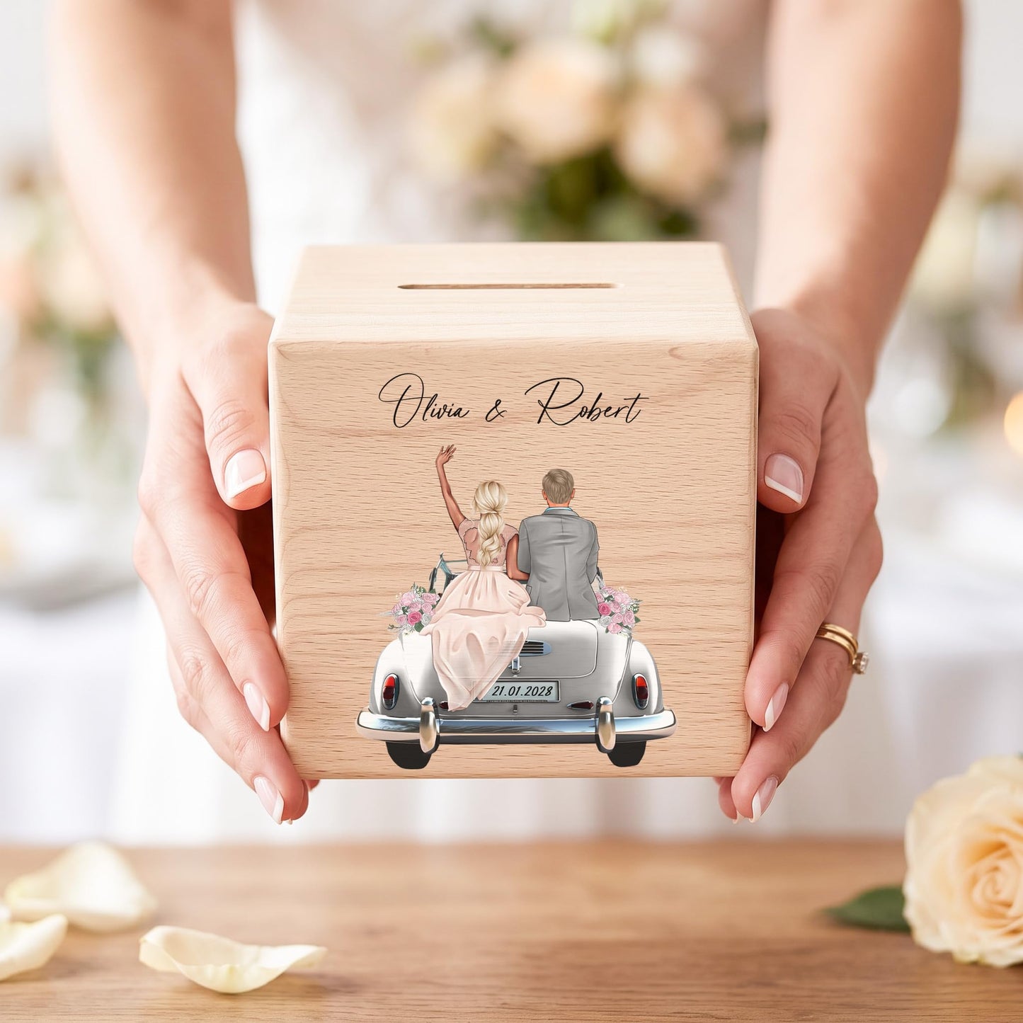 Hochzeitsgeschenk für Brautpaar personalisierte Spardose aus Holz als Geldgeschenk inkl. Schloss & Schlüssel