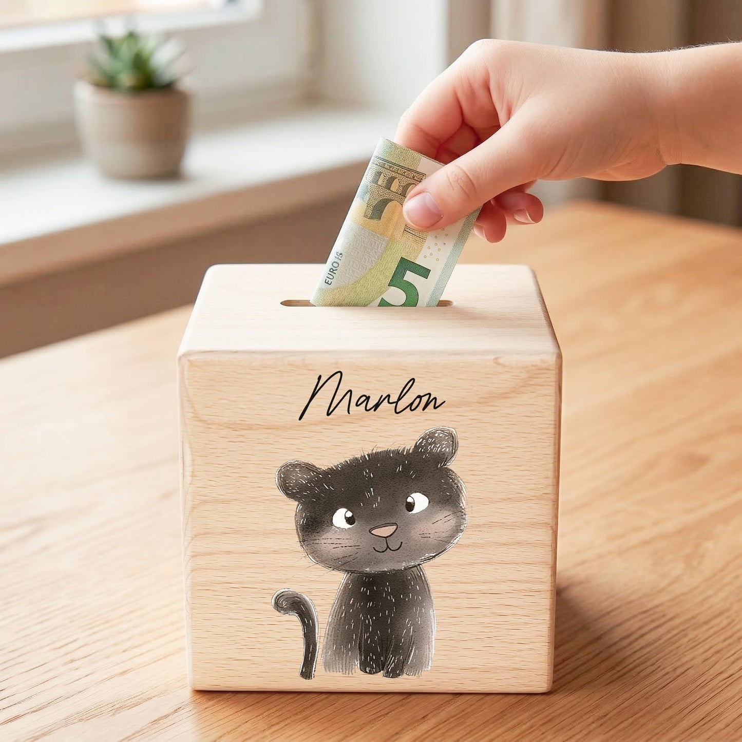 Spardose für Kinder Panter personalisiert Safari Tiere Sparbox aus Holz Sparschwein mit Schlüssel Taufgeschenk für Jungen & Mädchen