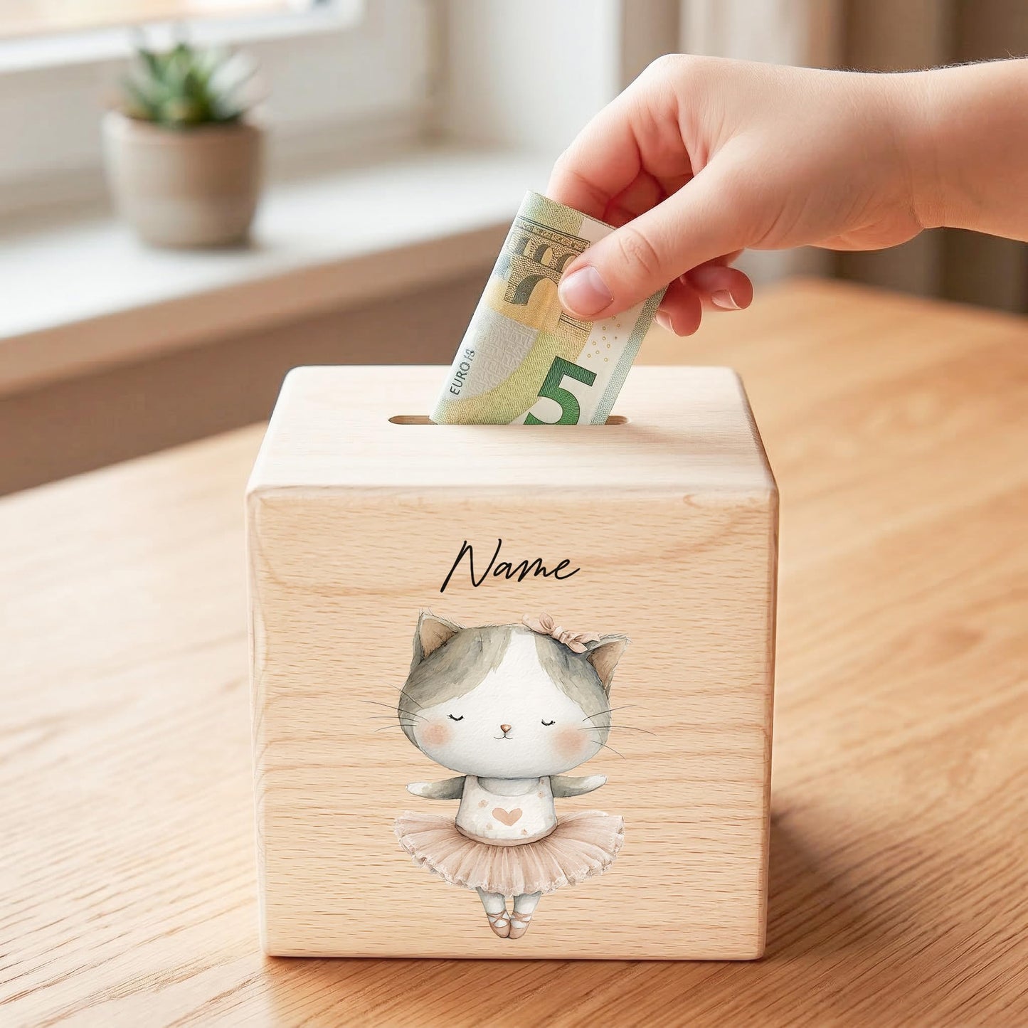 Spardose für Mädchen personalisierte Sparbox aus Holz mit Katze Geldgeschenk für Kinder