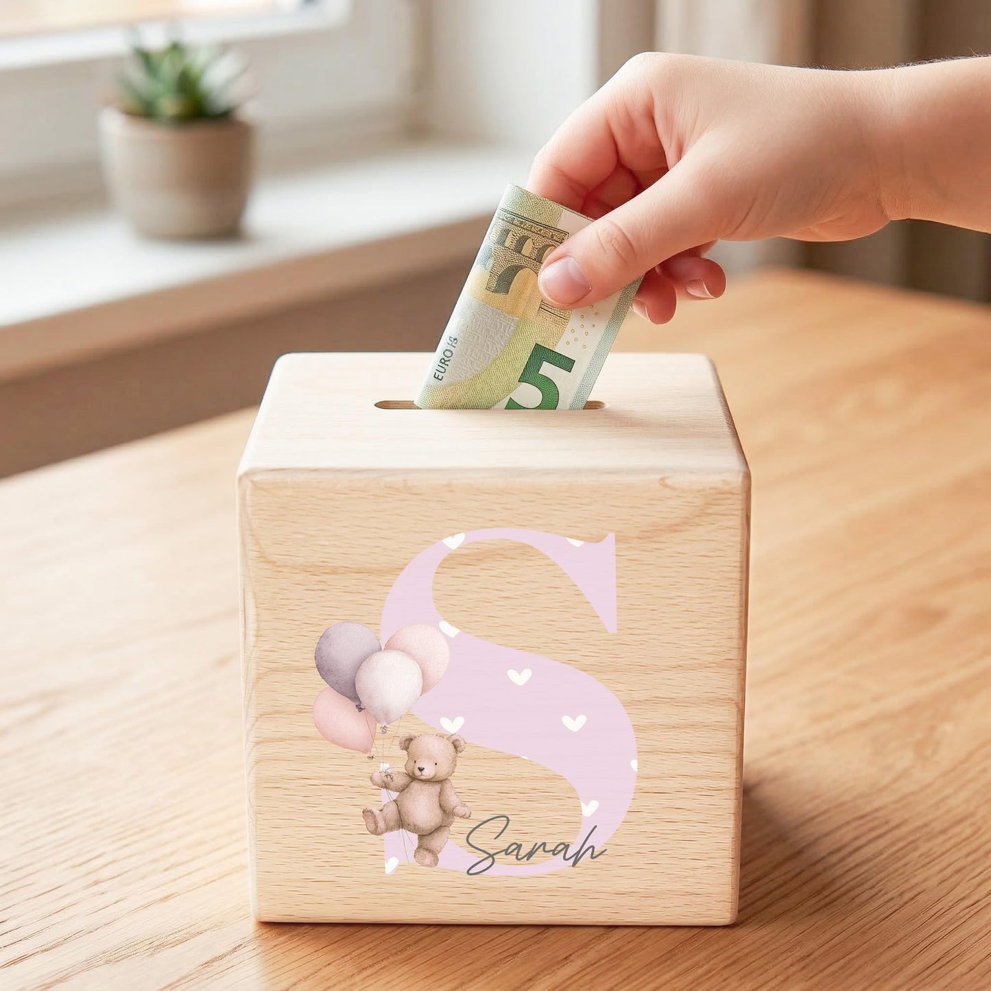 Buchstaben Spardose für Mädchen personalisierte Sparbox aus Holz als Geldgeschenk
