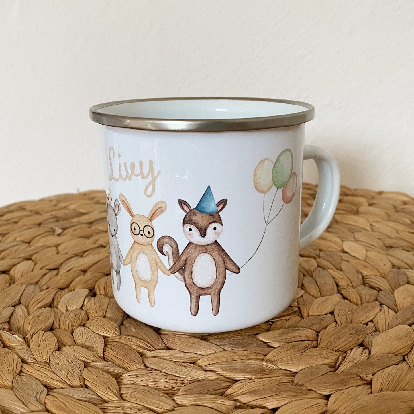 Emaille Tasse Kinder Personalisiert Namenstasse Kindertasse Waldtiere Tiere Personalisiertes Geschenk Namensgeschenk