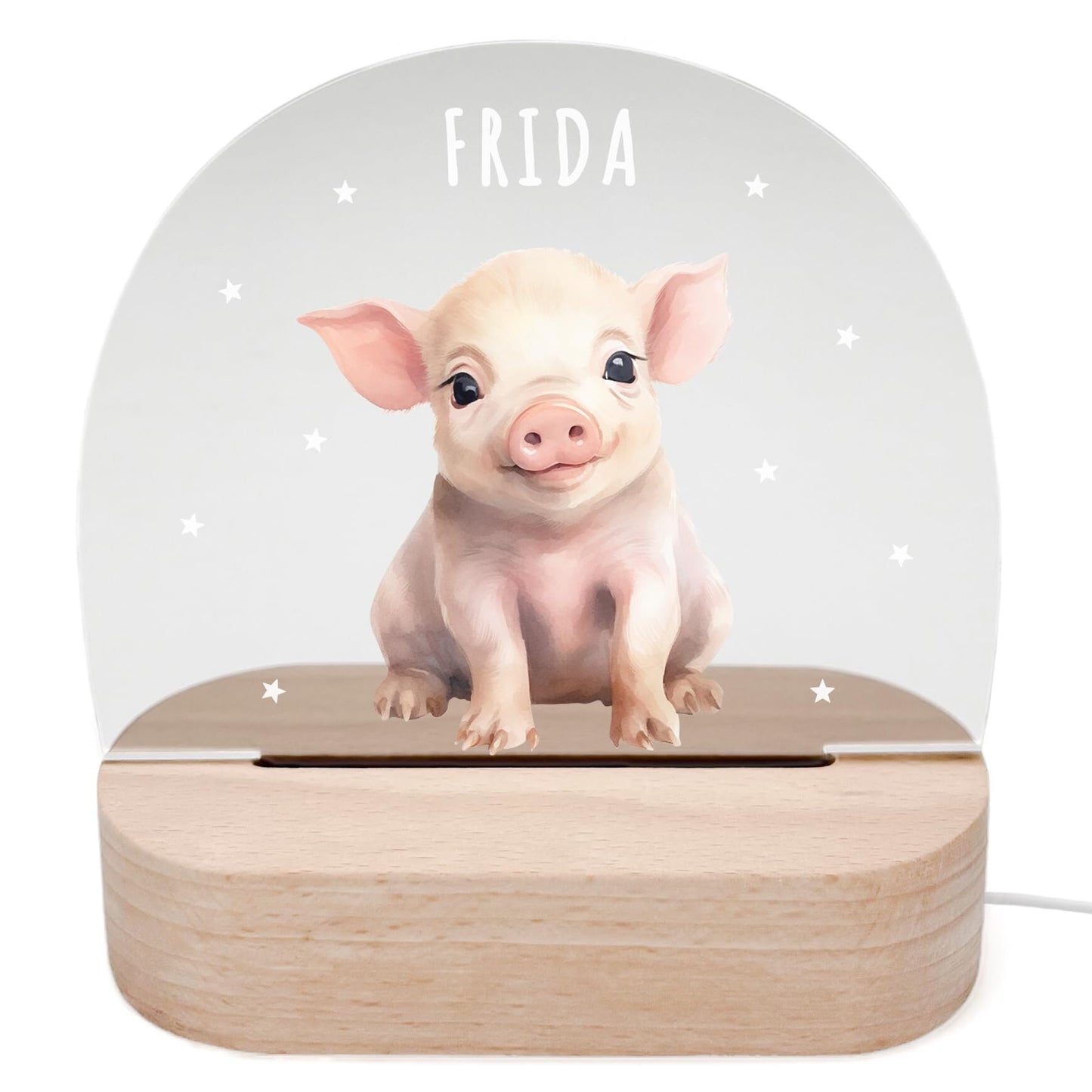 Nachtlicht personalisiert für Kinder & Baby Schwein Babyzimmer Deko Kinderzimmer Nachtlampe Mädchen Jungen Inkl. Holzfuß und Netzteil