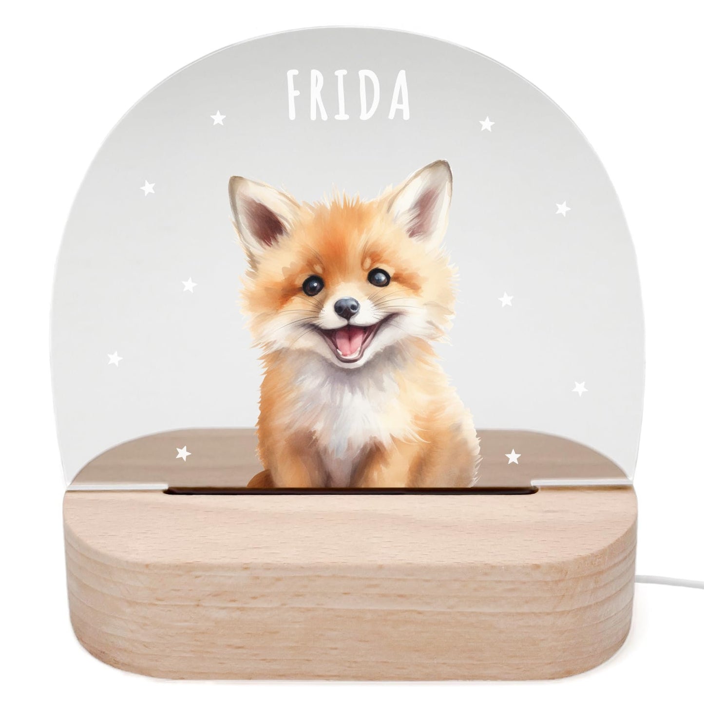 Nachtlicht personalisiert für Kinder & Baby Fuchs Babyzimmer Deko Kinderzimmer Nachtlampe Mädchen Jungen Inkl. Holzfuß und Netzteil