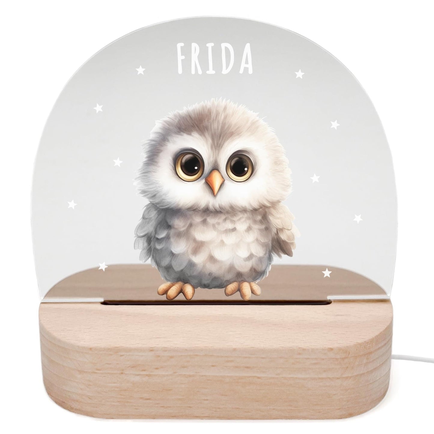 Nachtlicht personalisiert für Kinder & Baby Eule Babyzimmer Deko Kinderzimmer Nachtlampe Mädchen Jungen Inkl. Holzfuß und Netzteil