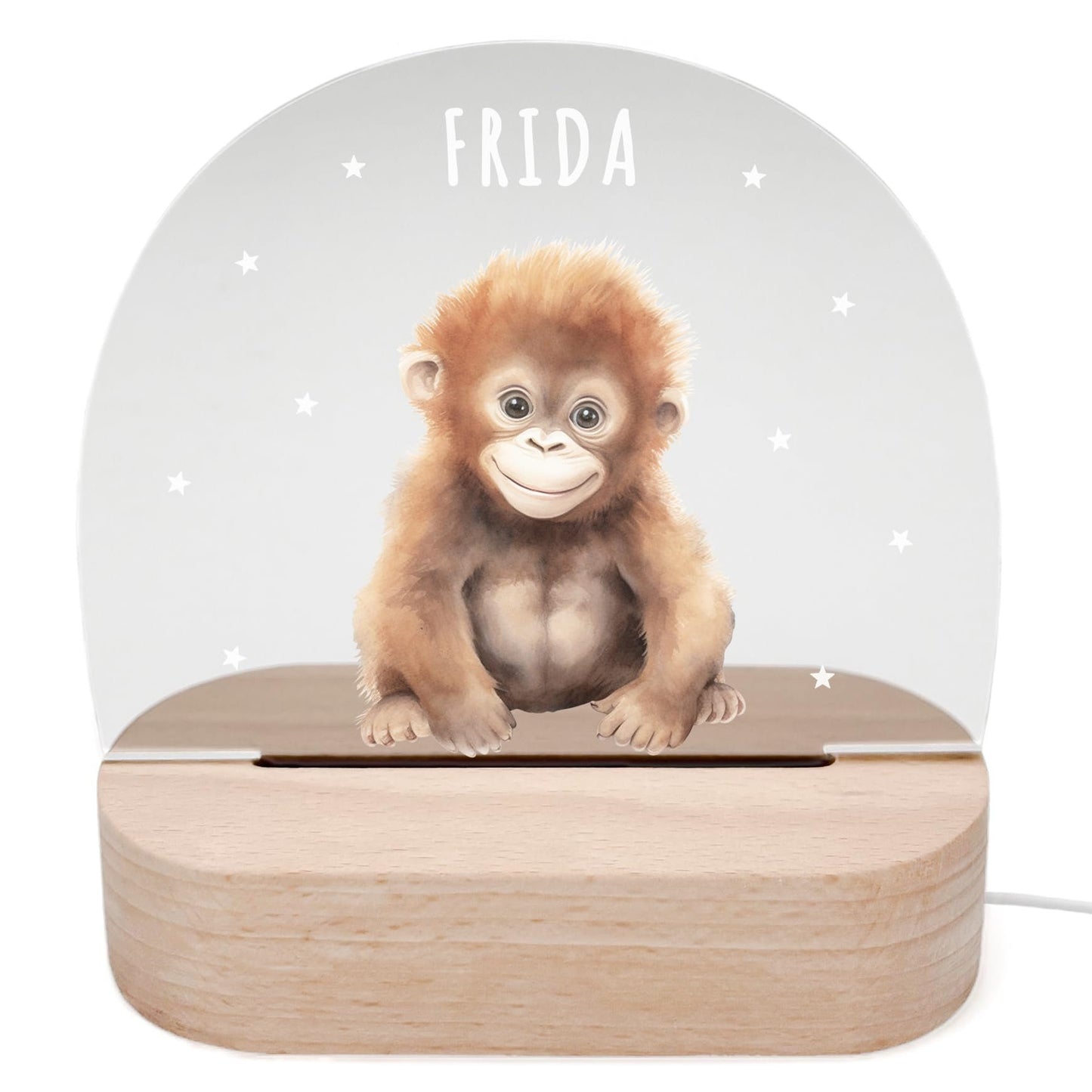 Nachtlicht personalisiert für Kinder & Baby Affe Babyzimmer Deko Kinderzimmer Nachtlampe Mädchen Jungen Inkl. Holzfuß und Netzteil
