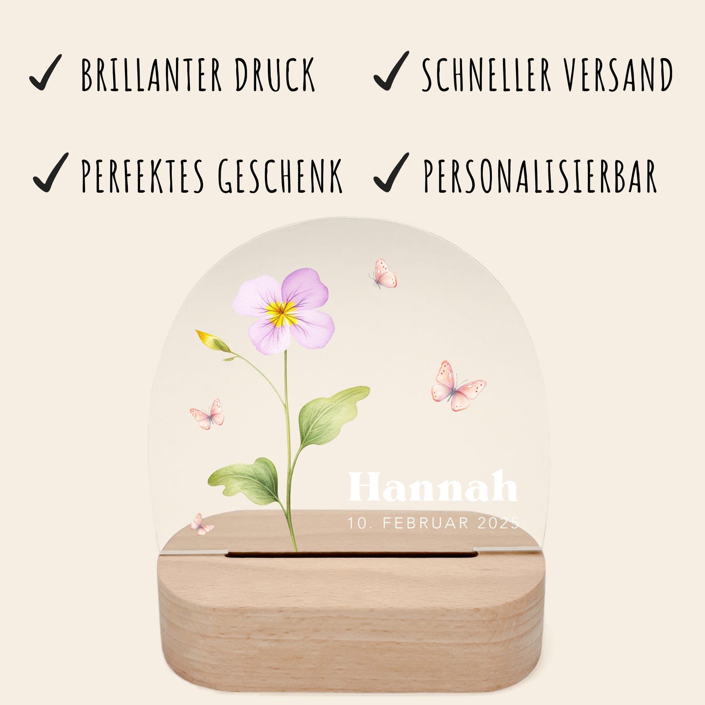 Geburtsgeschenk Mädchen Nachtlicht Baby personalisiert Monatsblume Geschenk zur Geburt Nachtlampe inkl. Holzfuß & Netzteil | Februar