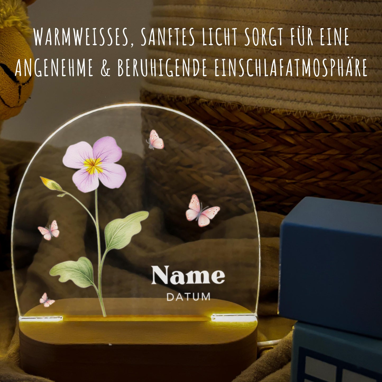 Geburtsgeschenk Mädchen Nachtlicht Baby personalisiert Monatsblume Geschenk zur Geburt Nachtlampe inkl. Holzfuß & Netzteil | Februar