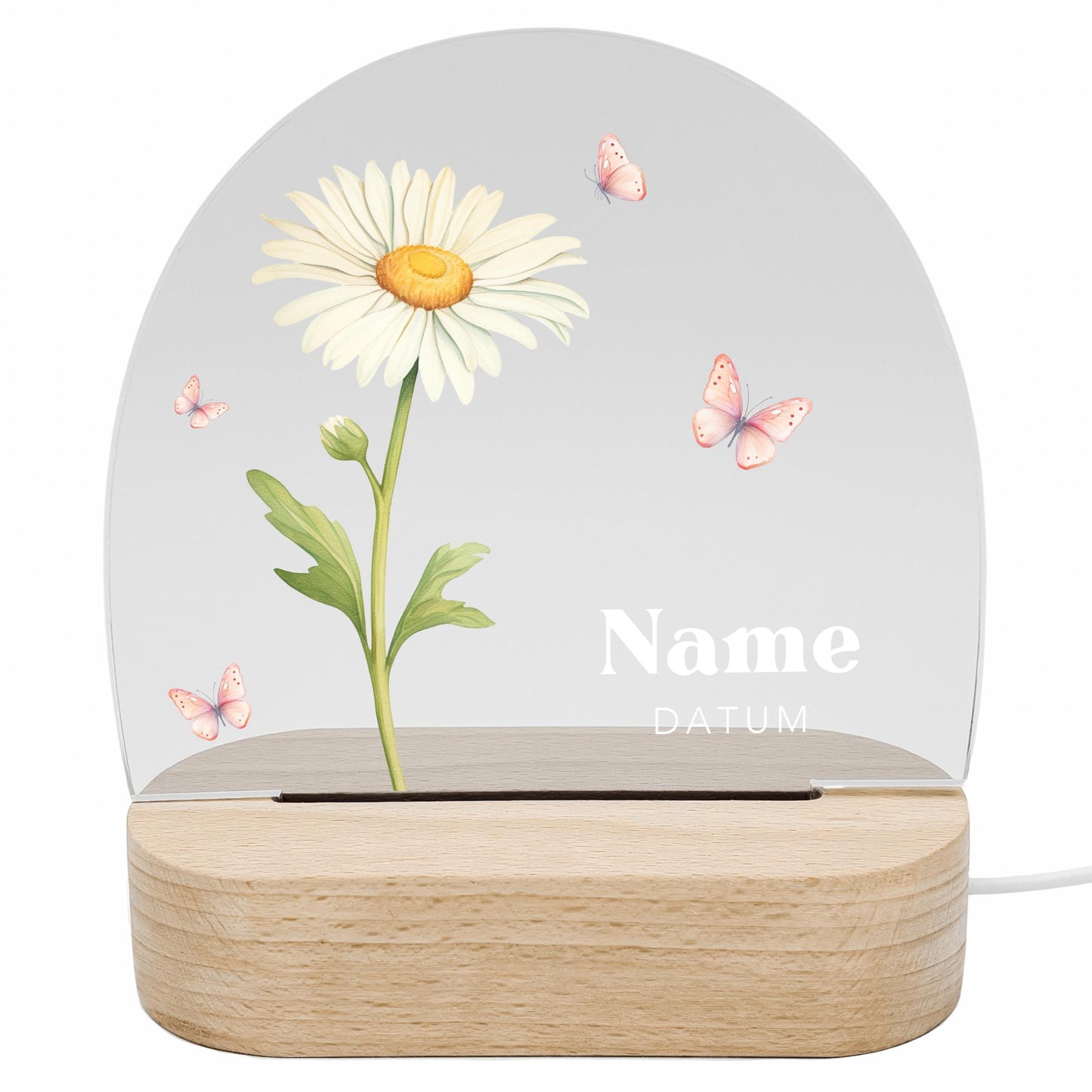 Geburtsgeschenk Mädchen Nachtlicht Baby personalisiert Monatsblume Geschenk zur Geburt Nachtlampe inkl. Holzfuß & Netzteil | April