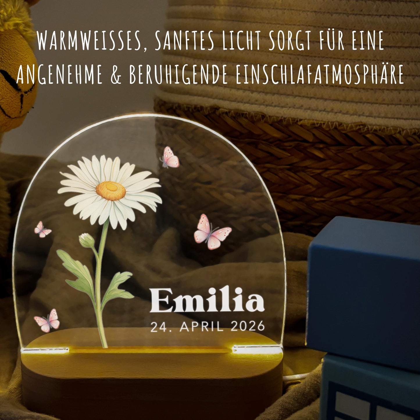 Geburtsgeschenk Mädchen Nachtlicht Baby personalisiert Monatsblume Geschenk zur Geburt Nachtlampe inkl. Holzfuß & Netzteil | April