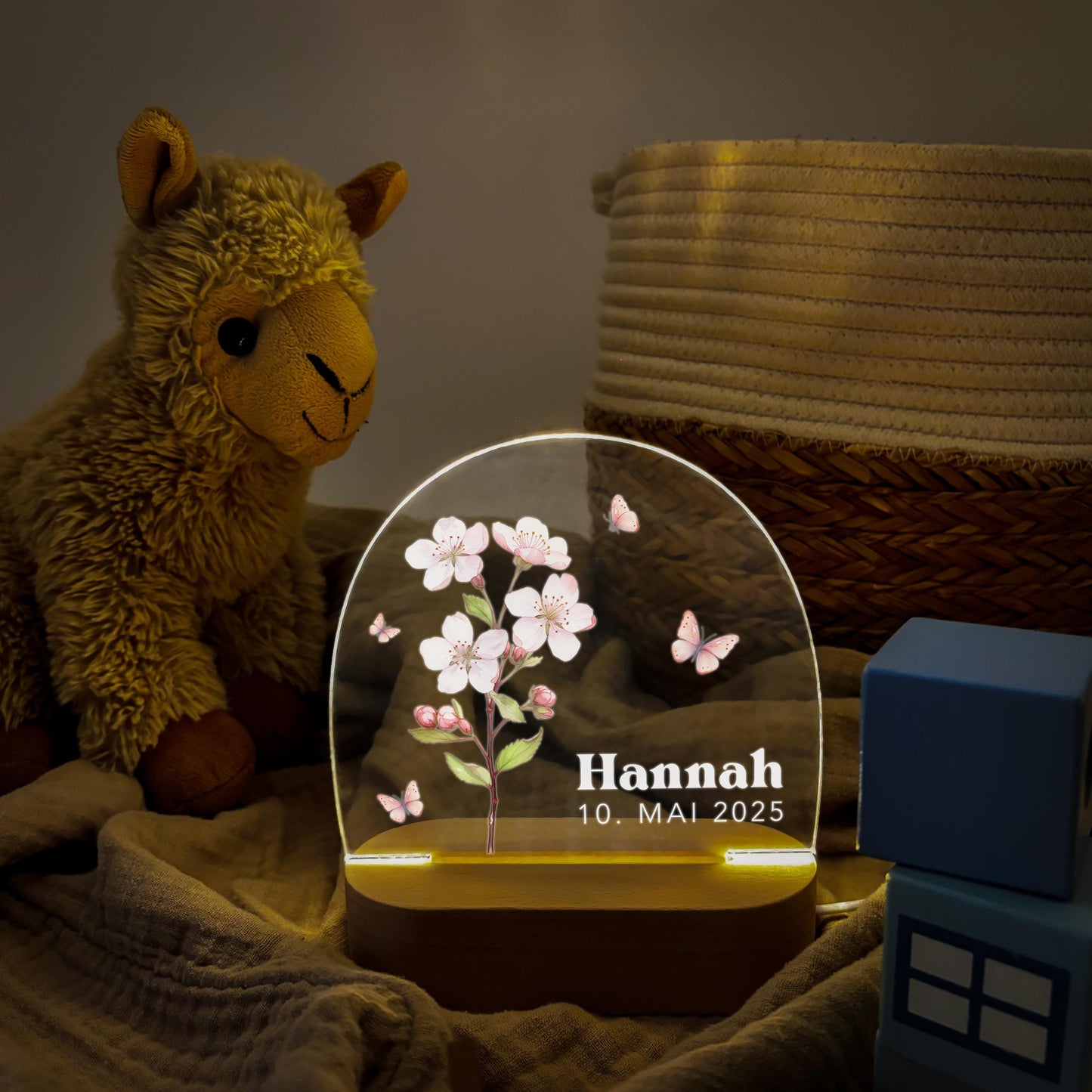 Geburtsgeschenk Mädchen Nachtlicht Baby personalisiert Monatsblume Geschenk zur Geburt Nachtlampe inkl. Holzfuß & Netzteil | Mai