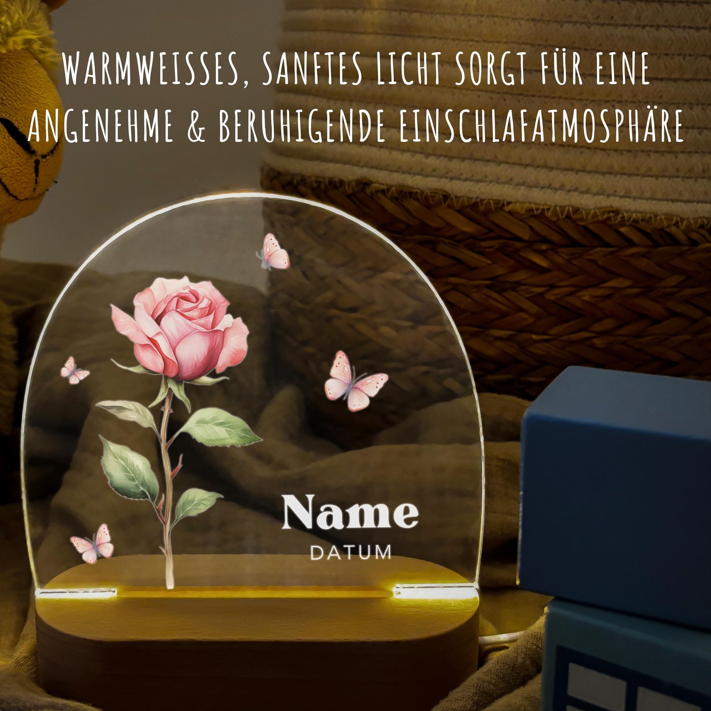 Geburtsgeschenk Mädchen Nachtlicht Baby personalisiert Monatsblume Geschenk zur Geburt Nachtlampe inkl. Holzfuß & Netzteil | Juni