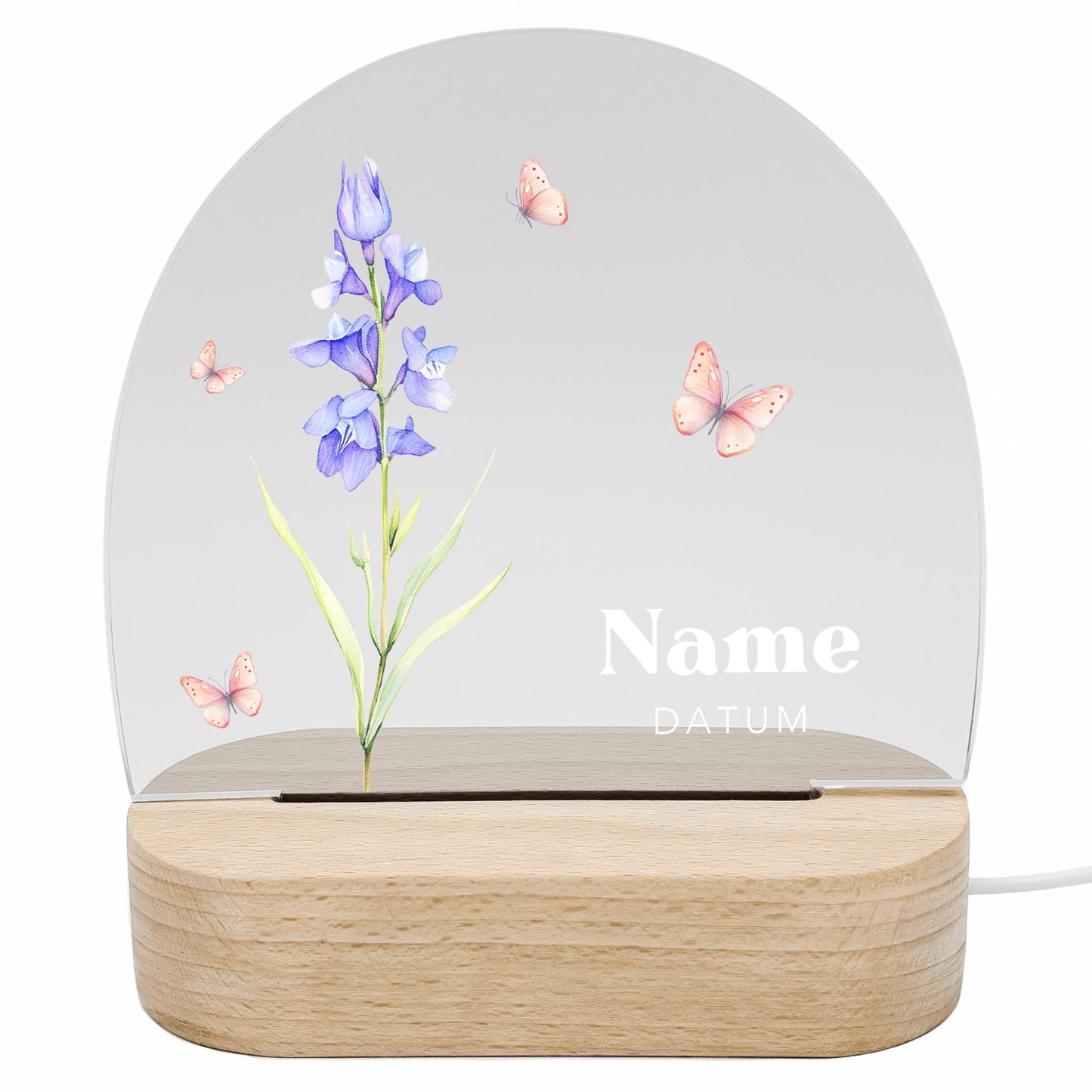 Geburtsgeschenk Mädchen Nachtlicht Baby personalisiert Monatsblume Geschenk zur Geburt Nachtlampe inkl. Holzfuß & Netzteil | Juli