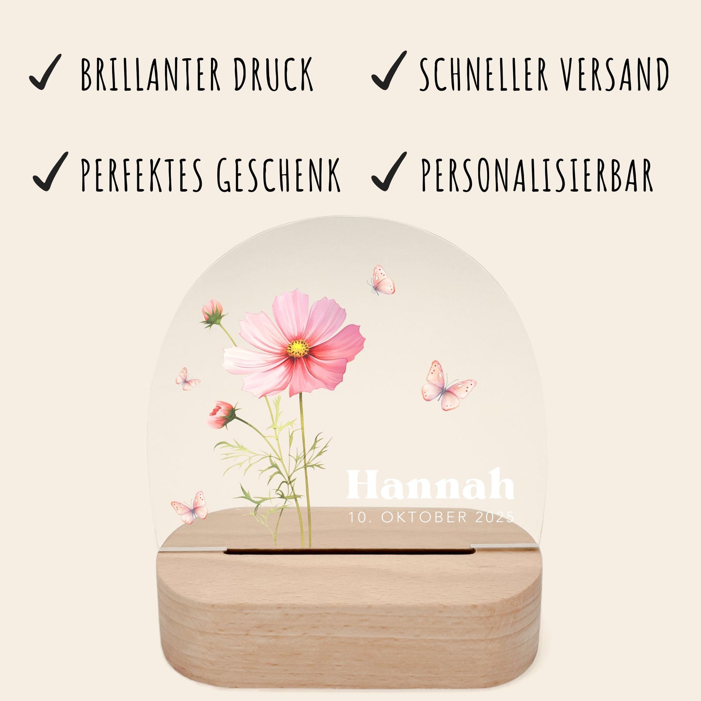 Geburtsgeschenk Mädchen Nachtlicht Baby personalisiert Monatsblume Geschenk zur Geburt Nachtlampe inkl. Holzfuß & Netzteil | Oktober