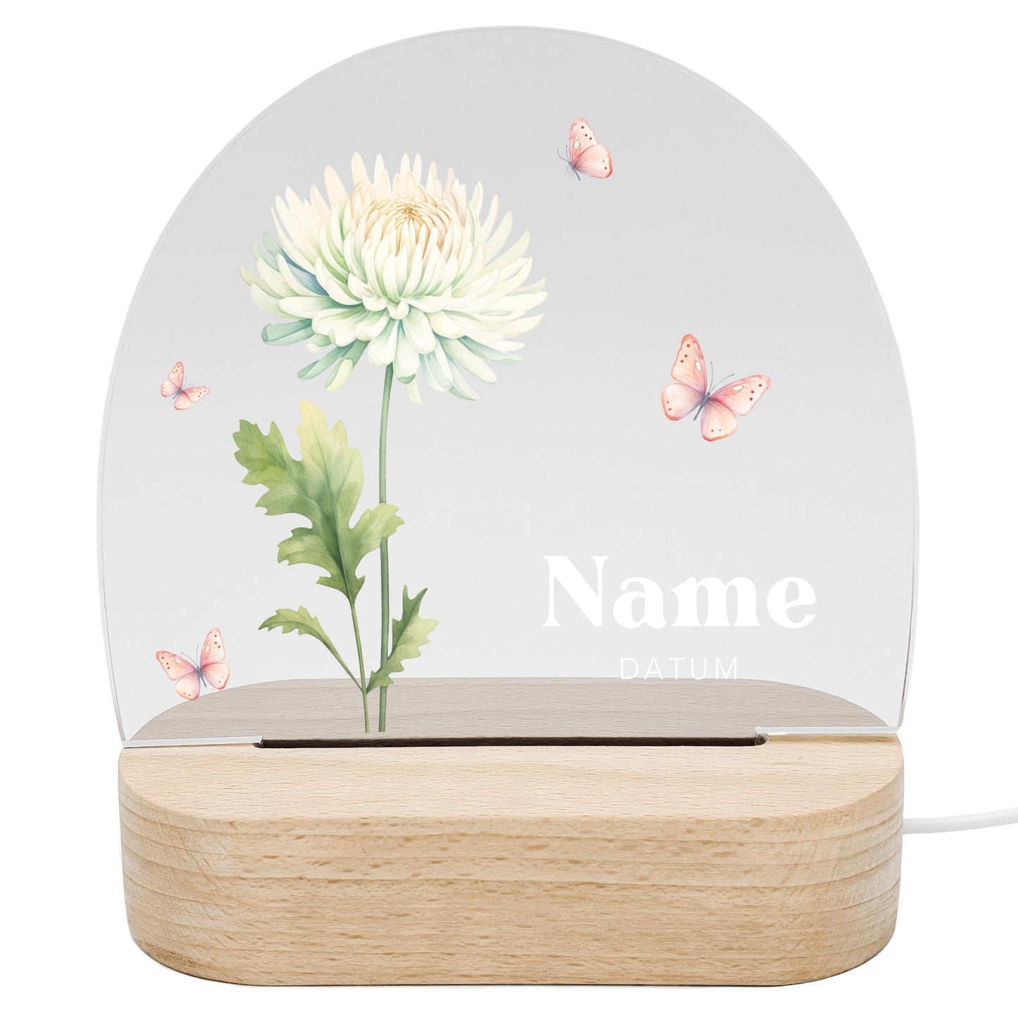 Geburtsgeschenk Mädchen Nachtlicht Baby personalisiert Monatsblume Geschenk zur Geburt Nachtlampe inkl. Holzfuß & Netzteil | November