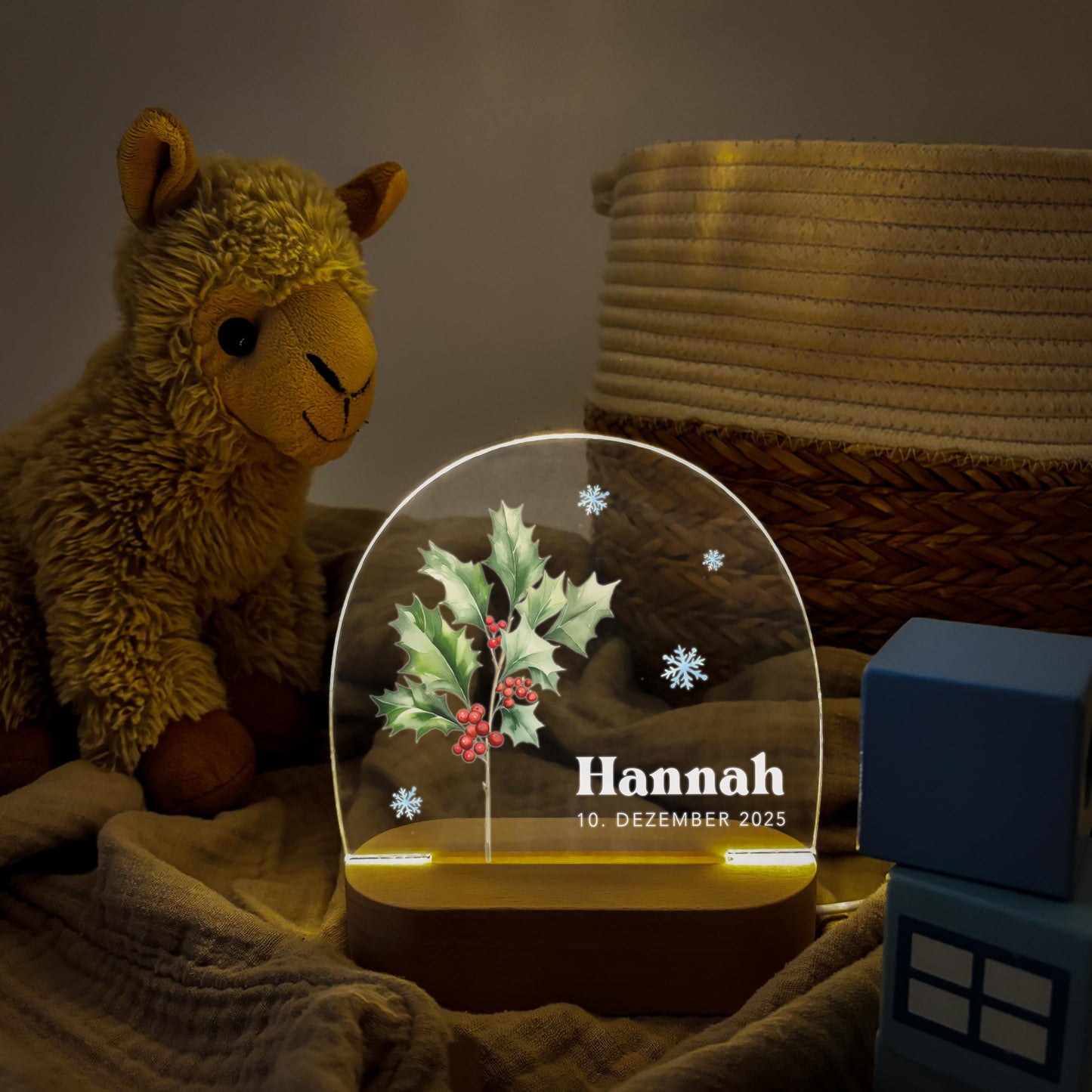 Geburtsgeschenk Mädchen Nachtlicht Baby personalisiert Monatsblume Geschenk zur Geburt Nachtlampe inkl. Holzfuß & Netzteil | Dezember