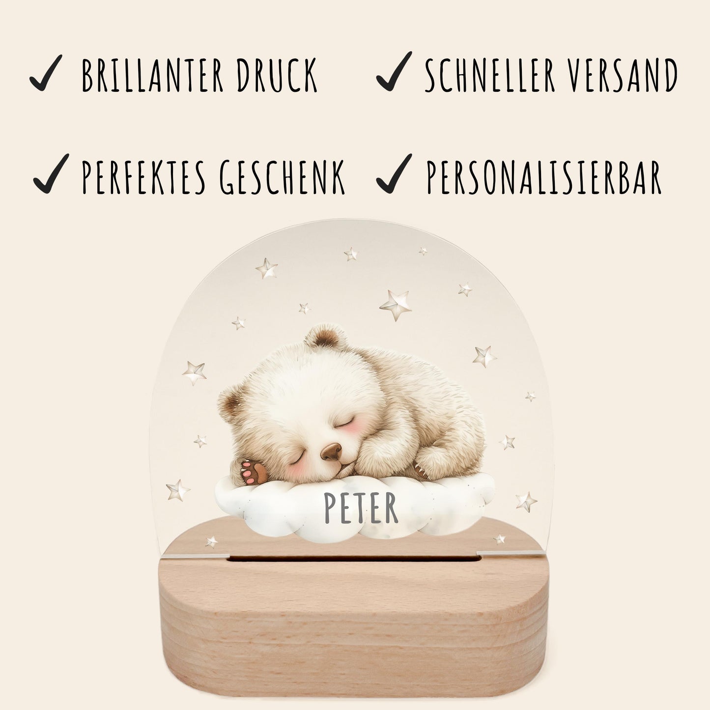 Nachtlicht Baby Kinder personalisiert Geschenk zur Geburt Babyzimmer Deko Bär Kinderzimmer Nachtlampe Inkl. Holzfuß & Netzteil