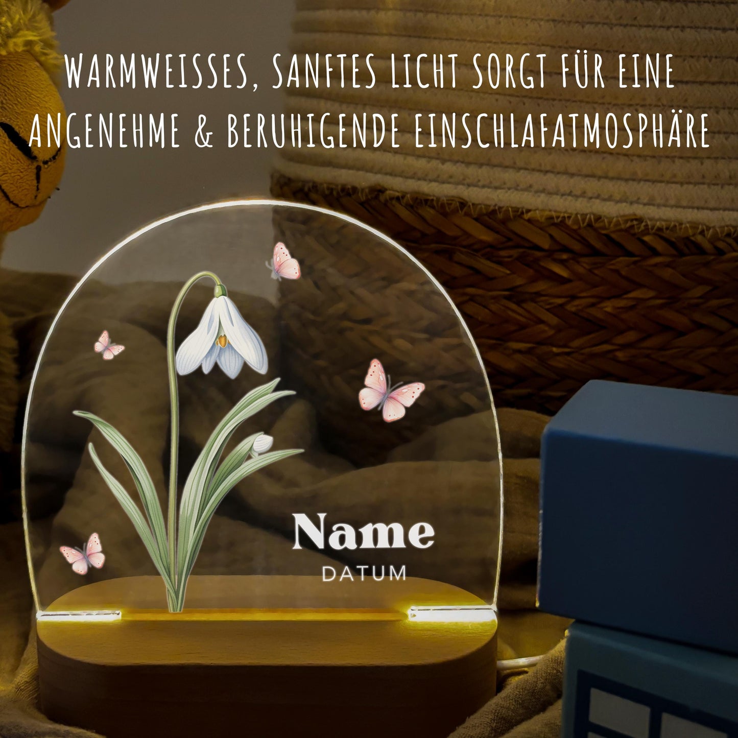 Geburtsgeschenk Mädchen Nachtlicht Baby personalisiert Monatsblume Geschenk zur Geburt Nachtlampe inkl. Holzfuß & Netzteil | Januar