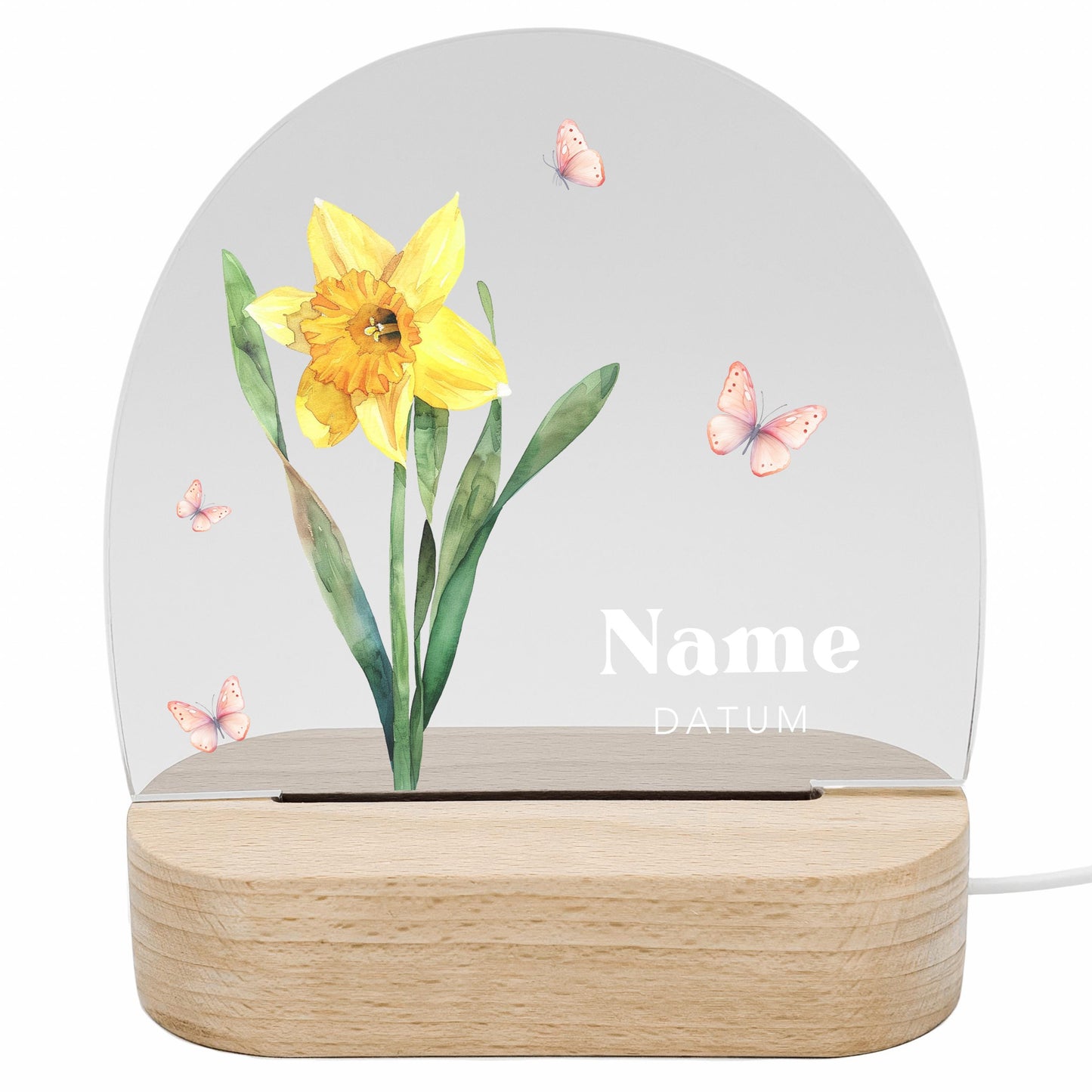 Geburtsgeschenk Mädchen Nachtlicht Baby personalisiert Monatsblume Geschenk zur Geburt Nachtlampe inkl. Holzfuß & Netzteil | März
