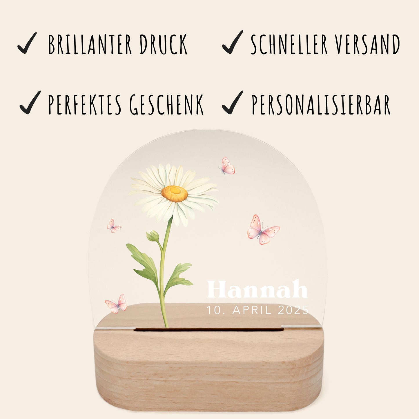 Geburtsgeschenk Mädchen Nachtlicht Baby personalisiert Monatsblume Geschenk zur Geburt Nachtlampe inkl. Holzfuß & Netzteil | April