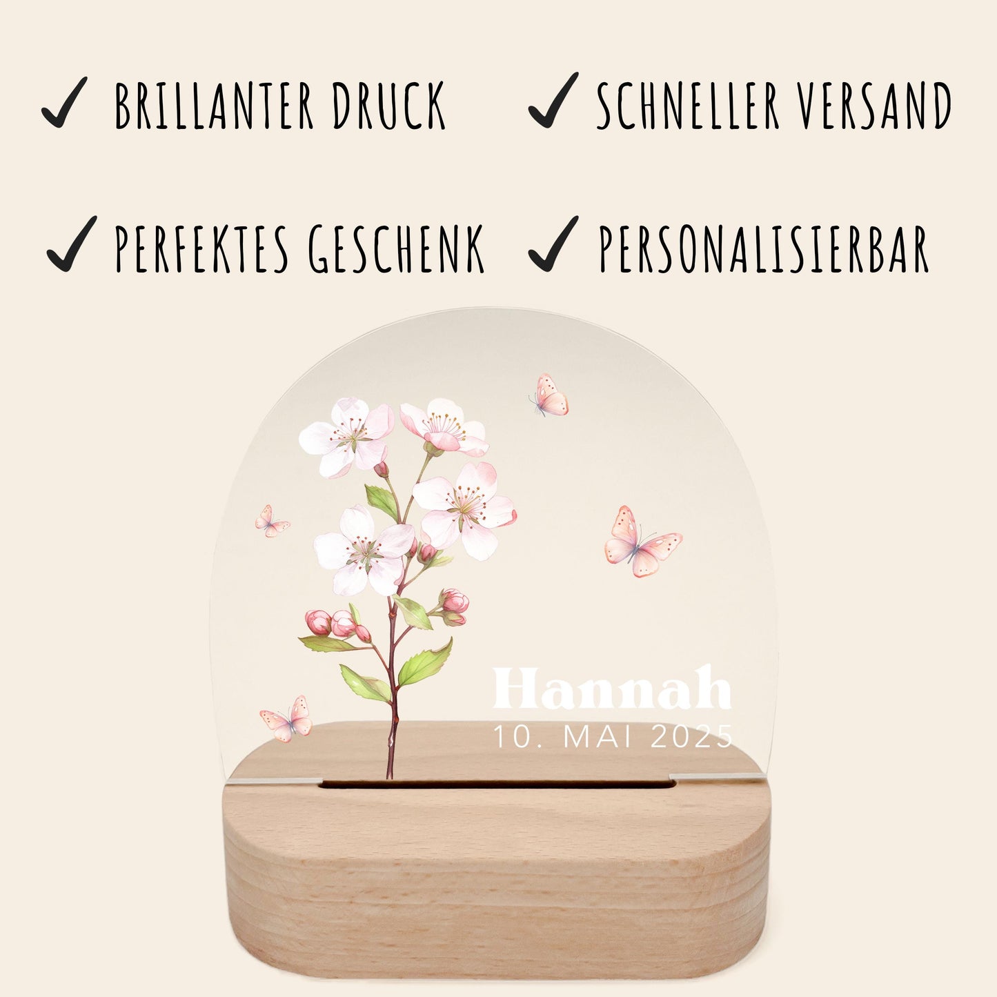 Geburtsgeschenk Mädchen Nachtlicht Baby personalisiert Monatsblume Geschenk zur Geburt Nachtlampe inkl. Holzfuß & Netzteil | Mai