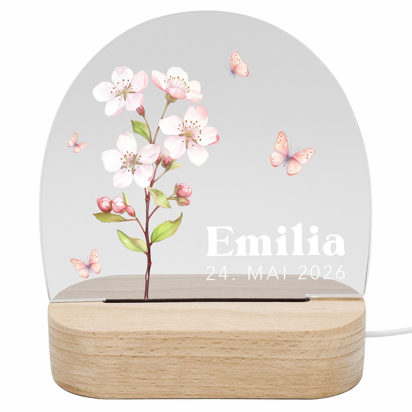 Geburtsgeschenk Mädchen Nachtlicht Baby personalisiert Monatsblume Geschenk zur Geburt Nachtlampe inkl. Holzfuß & Netzteil | Mai