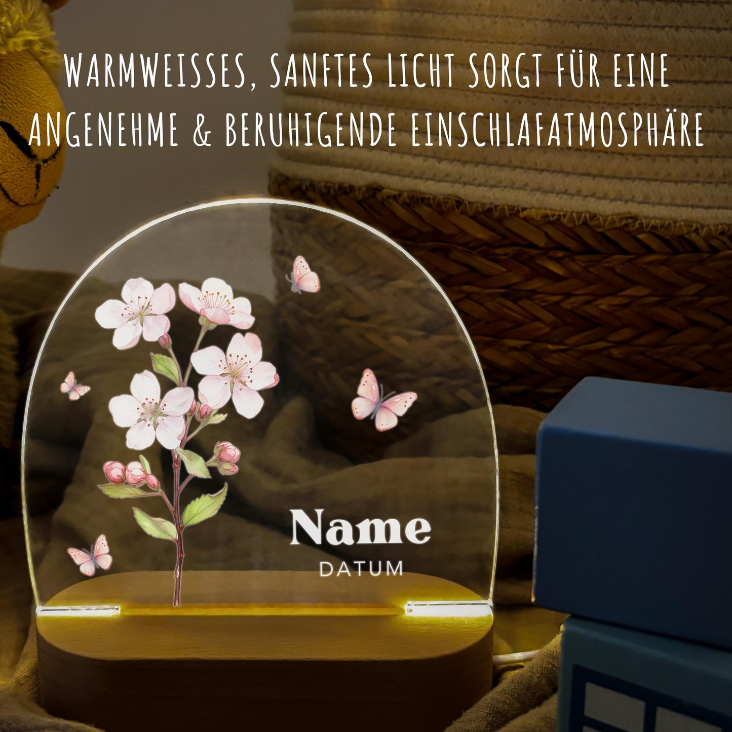 Geburtsgeschenk Mädchen Nachtlicht Baby personalisiert Monatsblume Geschenk zur Geburt Nachtlampe inkl. Holzfuß & Netzteil | Mai