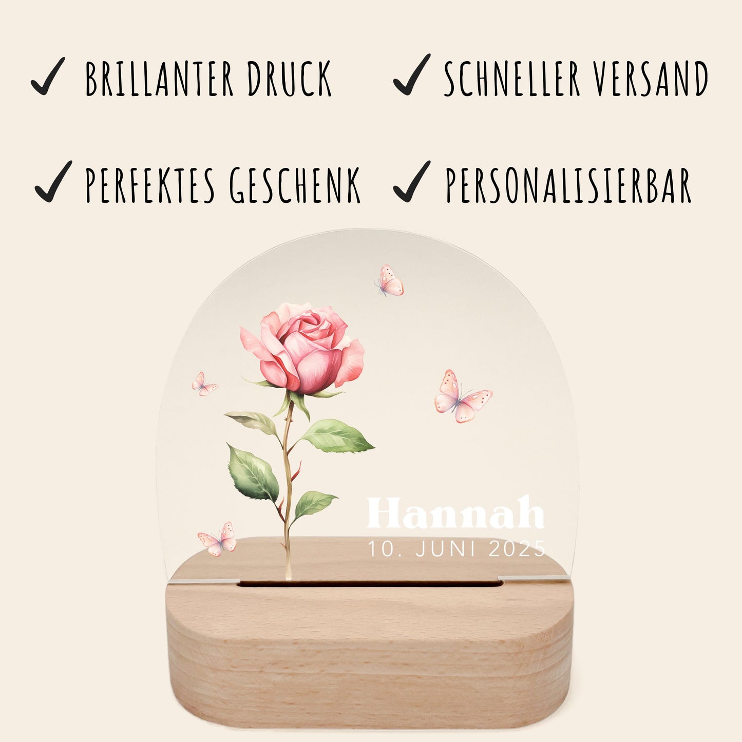 Geburtsgeschenk Mädchen Nachtlicht Baby personalisiert Monatsblume Geschenk zur Geburt Nachtlampe inkl. Holzfuß & Netzteil | Juni