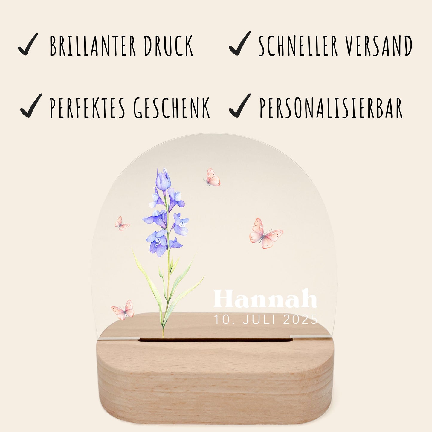 Geburtsgeschenk Mädchen Nachtlicht Baby personalisiert Monatsblume Geschenk zur Geburt Nachtlampe inkl. Holzfuß & Netzteil | Juli