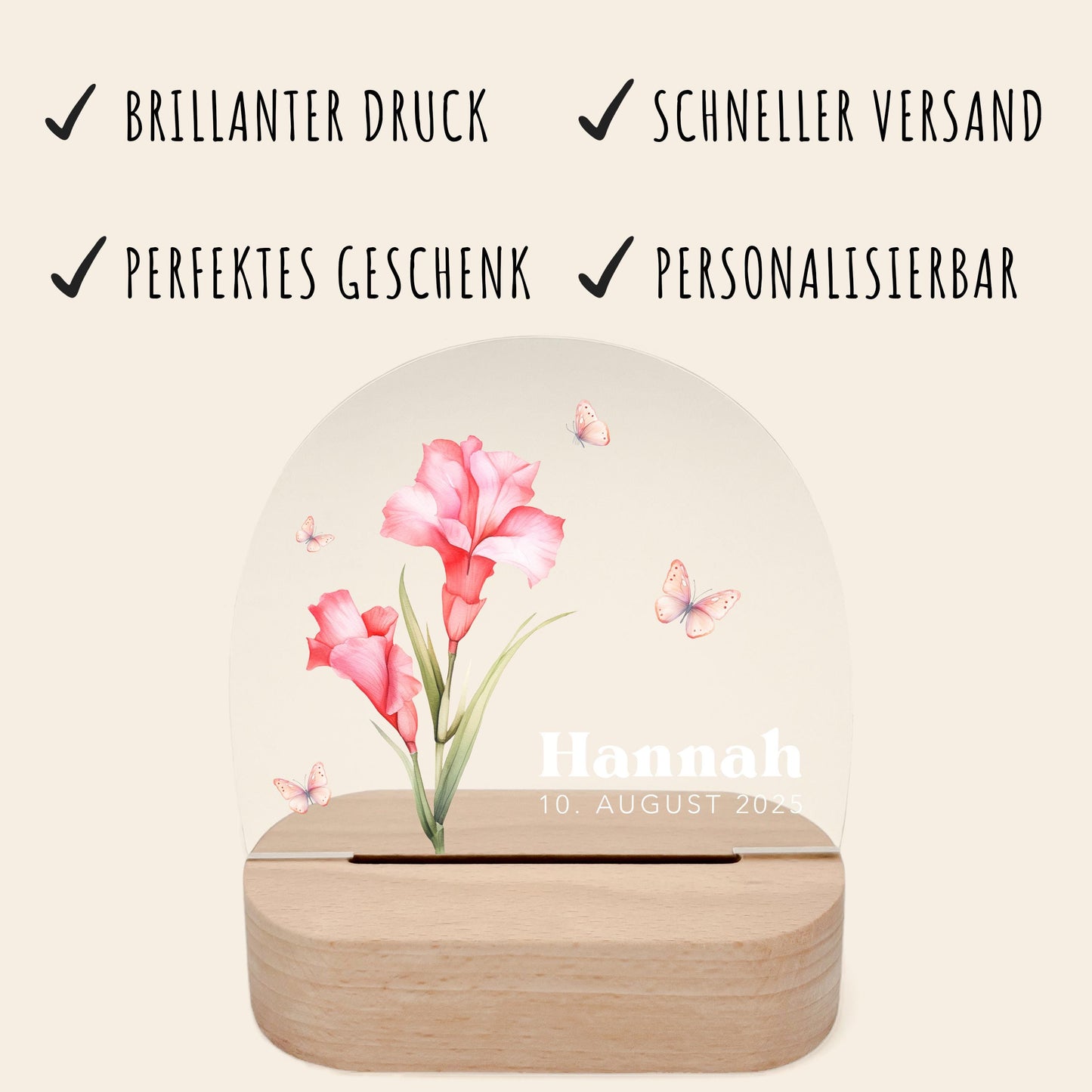 Geburtsgeschenk Mädchen Nachtlicht Baby personalisiert Monatsblume Geschenk zur Geburt Nachtlampe inkl. Holzfuß & Netzteil | August