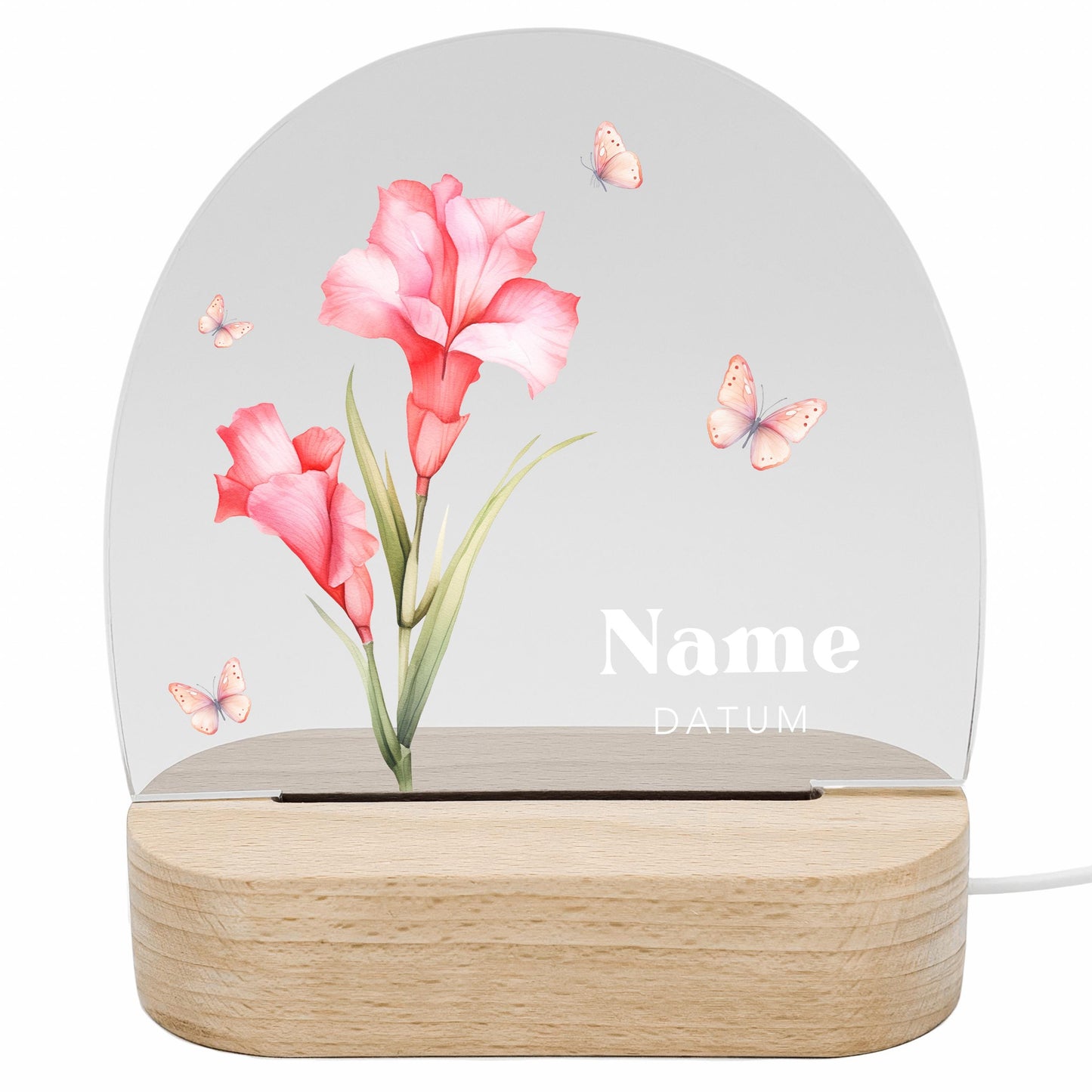 Geburtsgeschenk Mädchen Nachtlicht Baby personalisiert Monatsblume Geschenk zur Geburt Nachtlampe inkl. Holzfuß & Netzteil | August