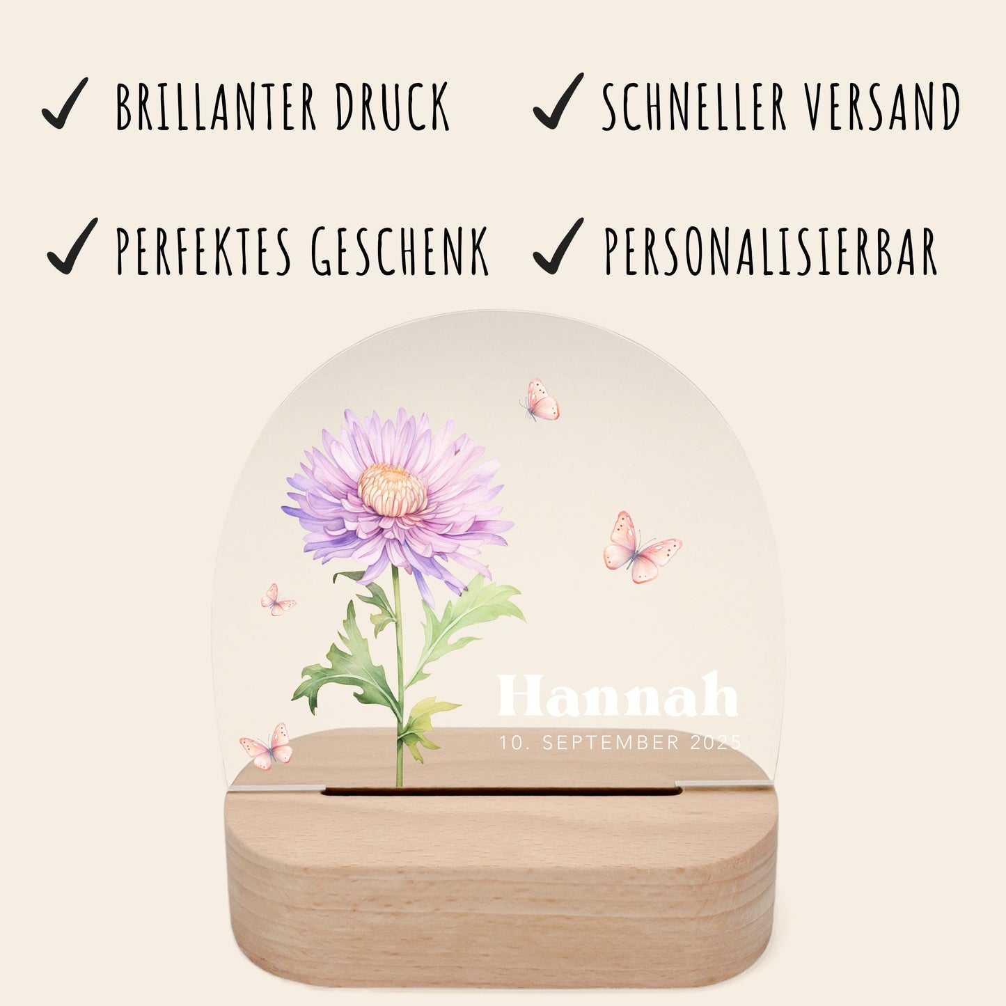 Geburtsgeschenk Mädchen Nachtlicht Baby personalisiert Monatsblume Geschenk zur Geburt Nachtlampe inkl. Holzfuß & Netzteil | September