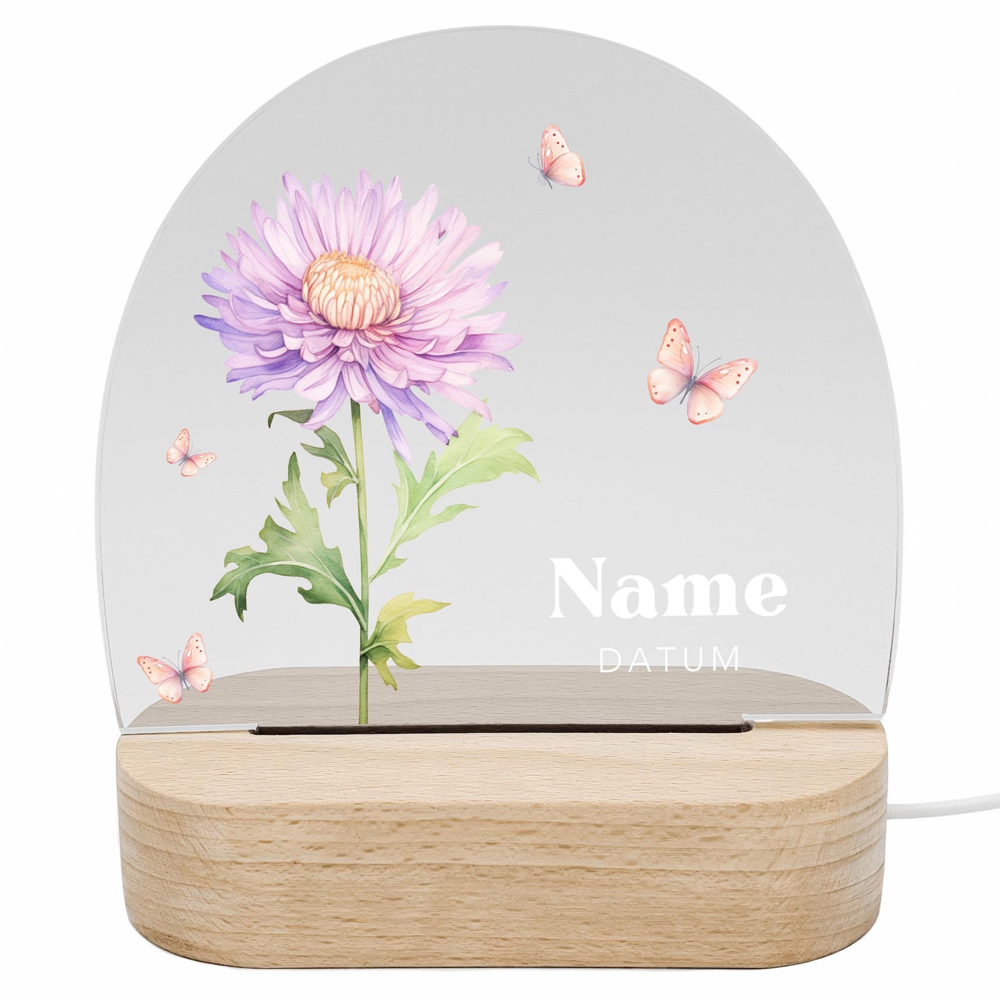 Geburtsgeschenk Mädchen Nachtlicht Baby personalisiert Monatsblume Geschenk zur Geburt Nachtlampe inkl. Holzfuß & Netzteil | September