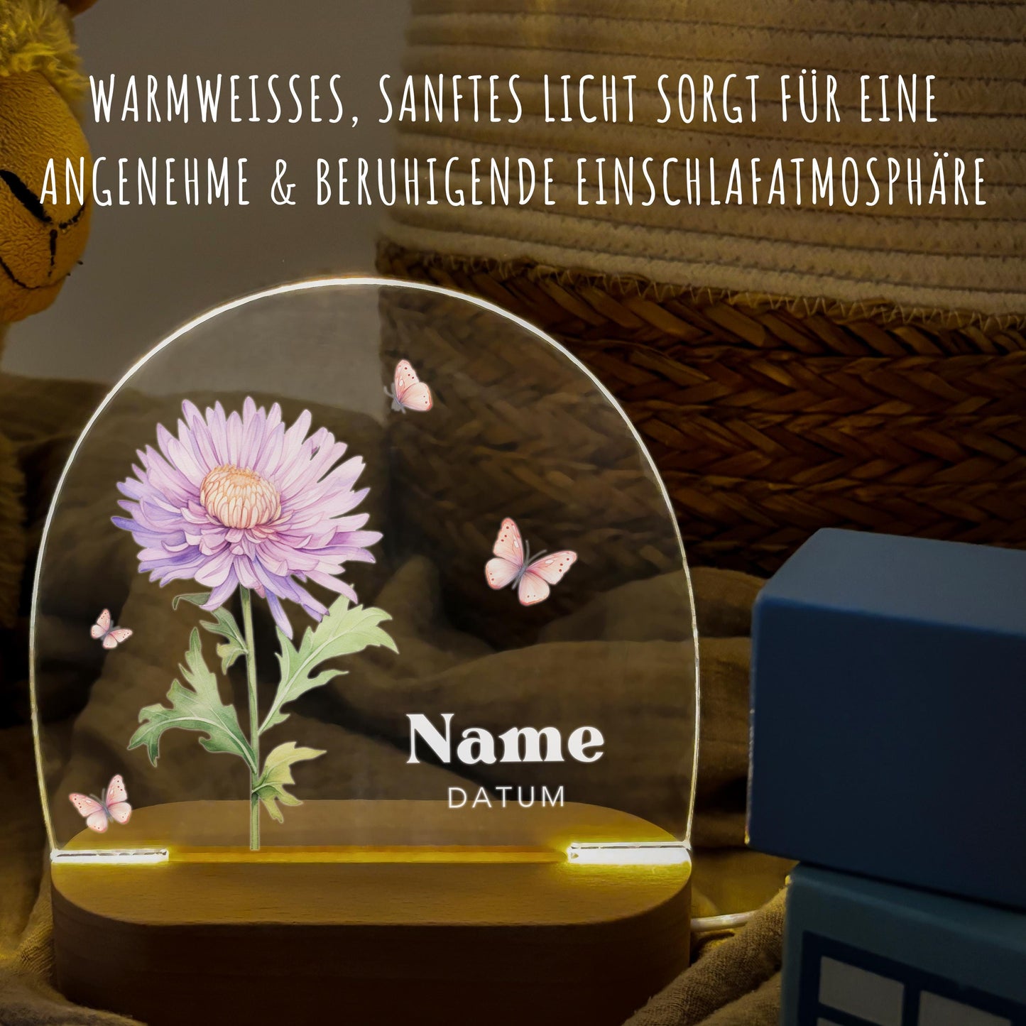 Geburtsgeschenk Mädchen Nachtlicht Baby personalisiert Monatsblume Geschenk zur Geburt Nachtlampe inkl. Holzfuß & Netzteil | September