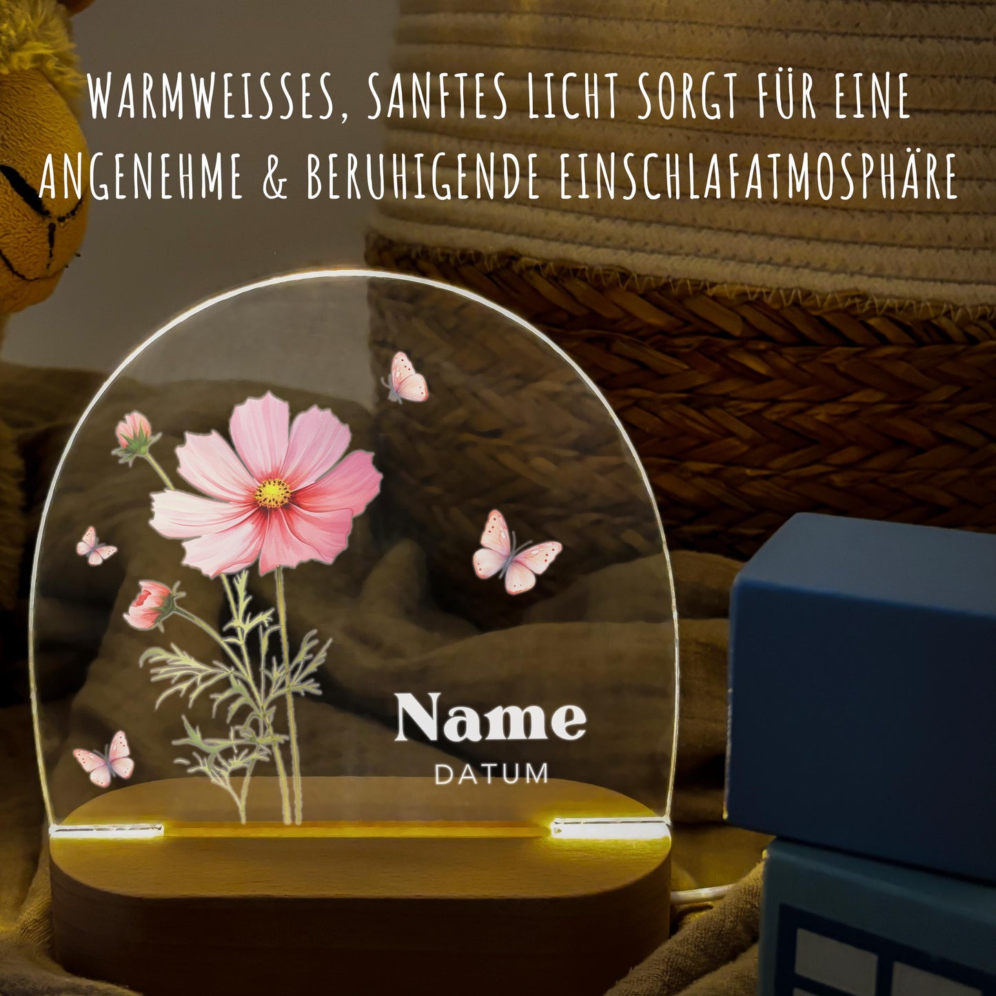 Geburtsgeschenk Mädchen Nachtlicht Baby personalisiert Monatsblume Geschenk zur Geburt Nachtlampe inkl. Holzfuß & Netzteil | Oktober