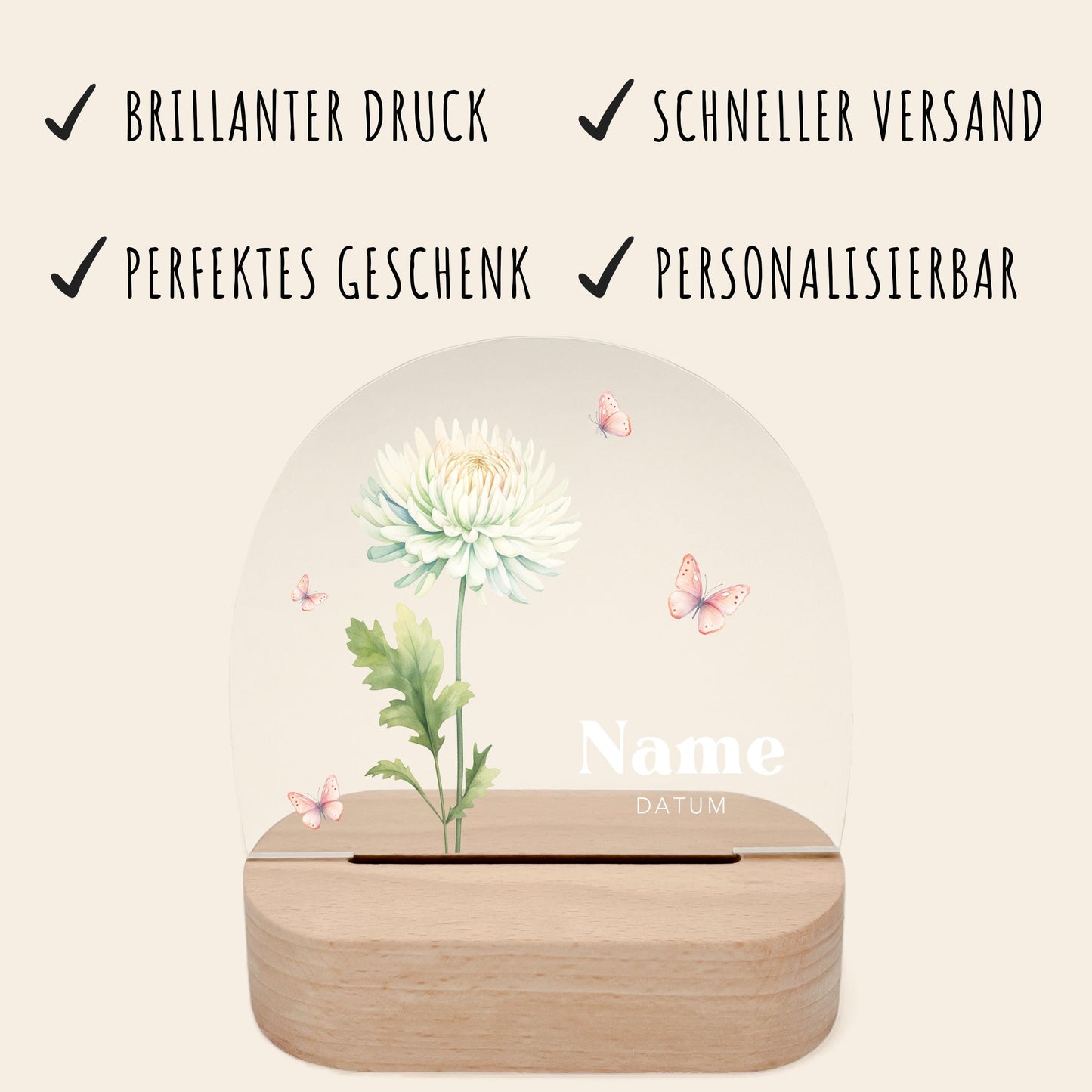 Geburtsgeschenk Mädchen Nachtlicht Baby personalisiert Monatsblume Geschenk zur Geburt Nachtlampe inkl. Holzfuß & Netzteil | November
